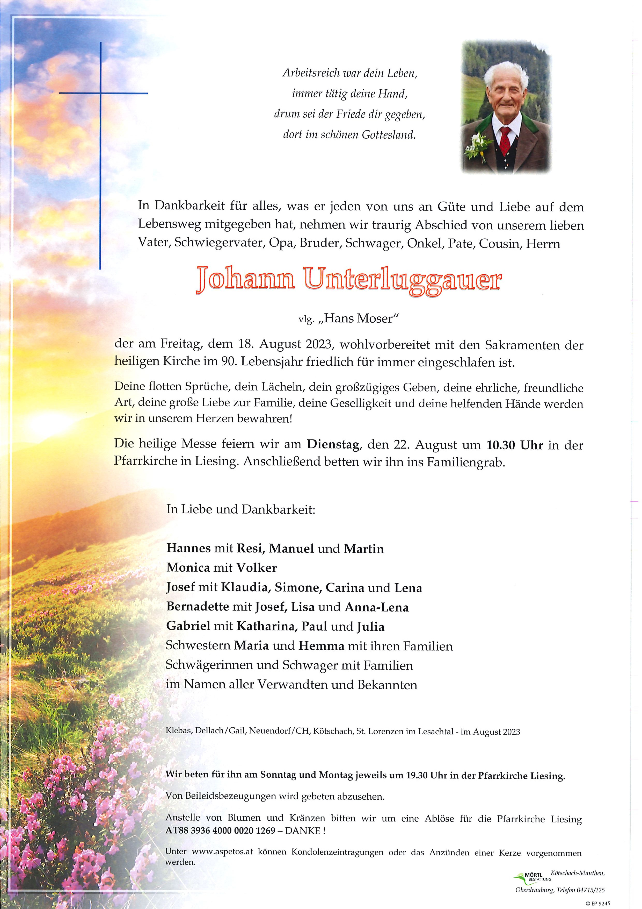 Traueranzeige von Johann Unterluggauer