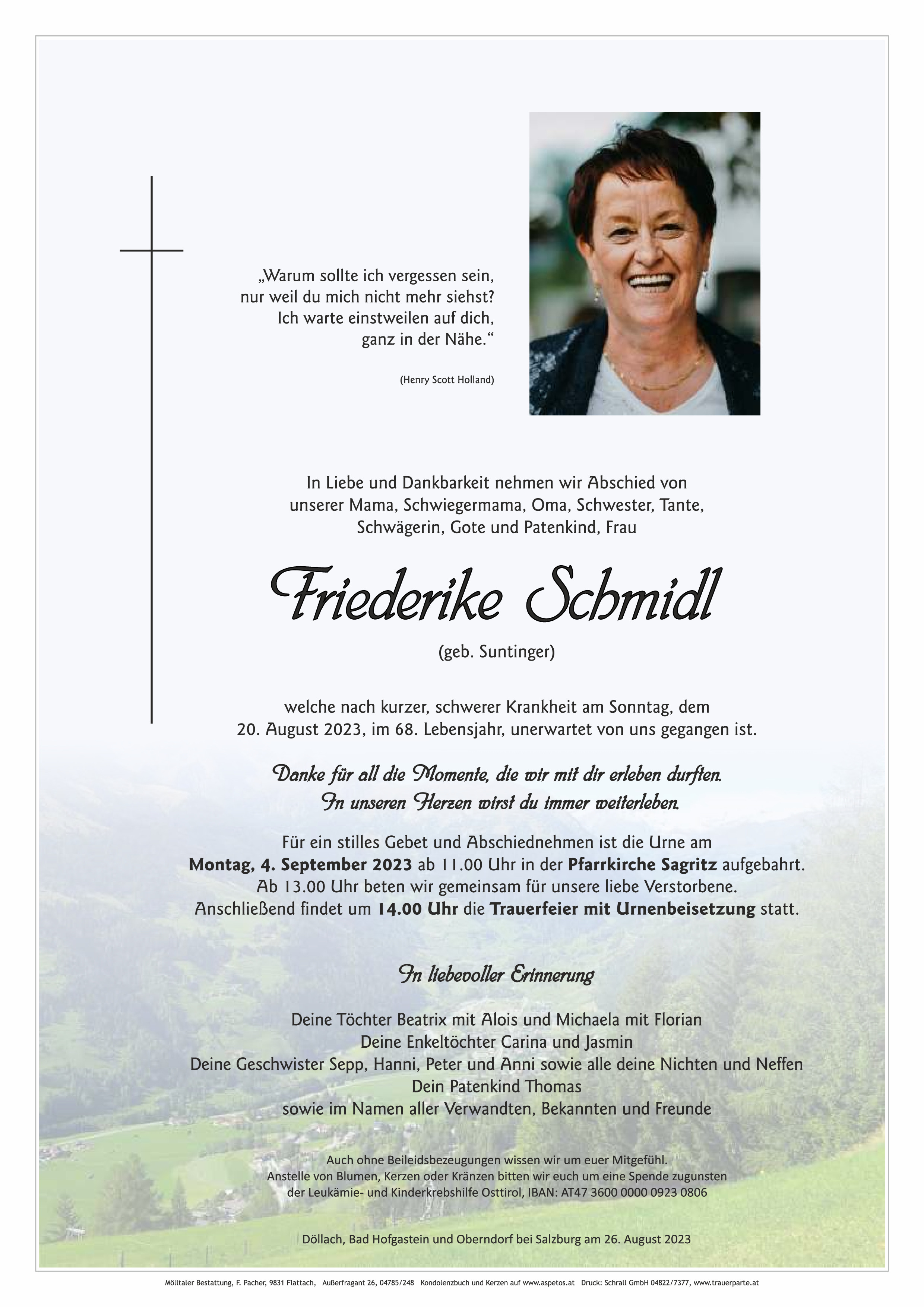 Traueranzeige von Friederike Schmidl