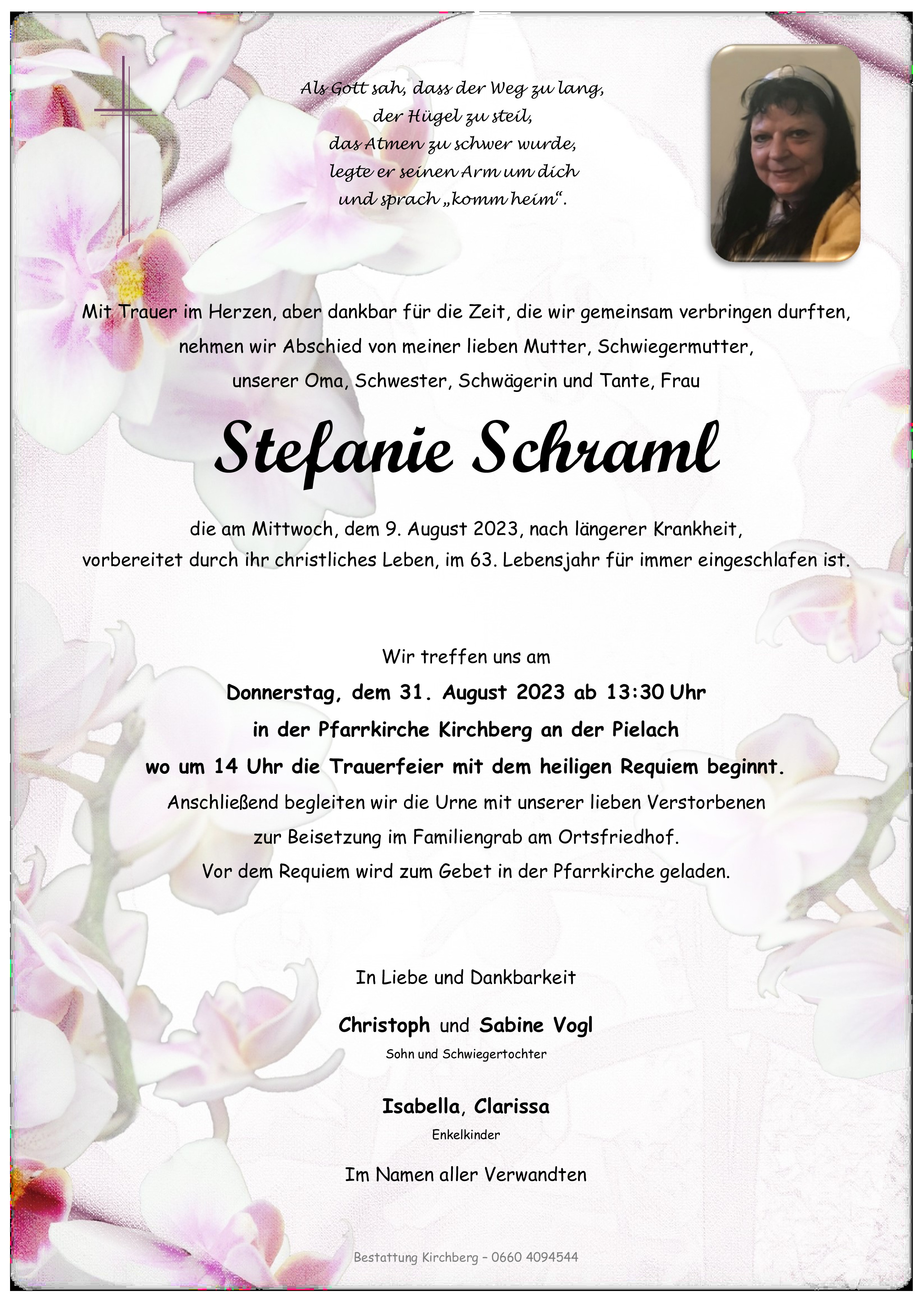 Traueranzeige von Stefanie Schraml