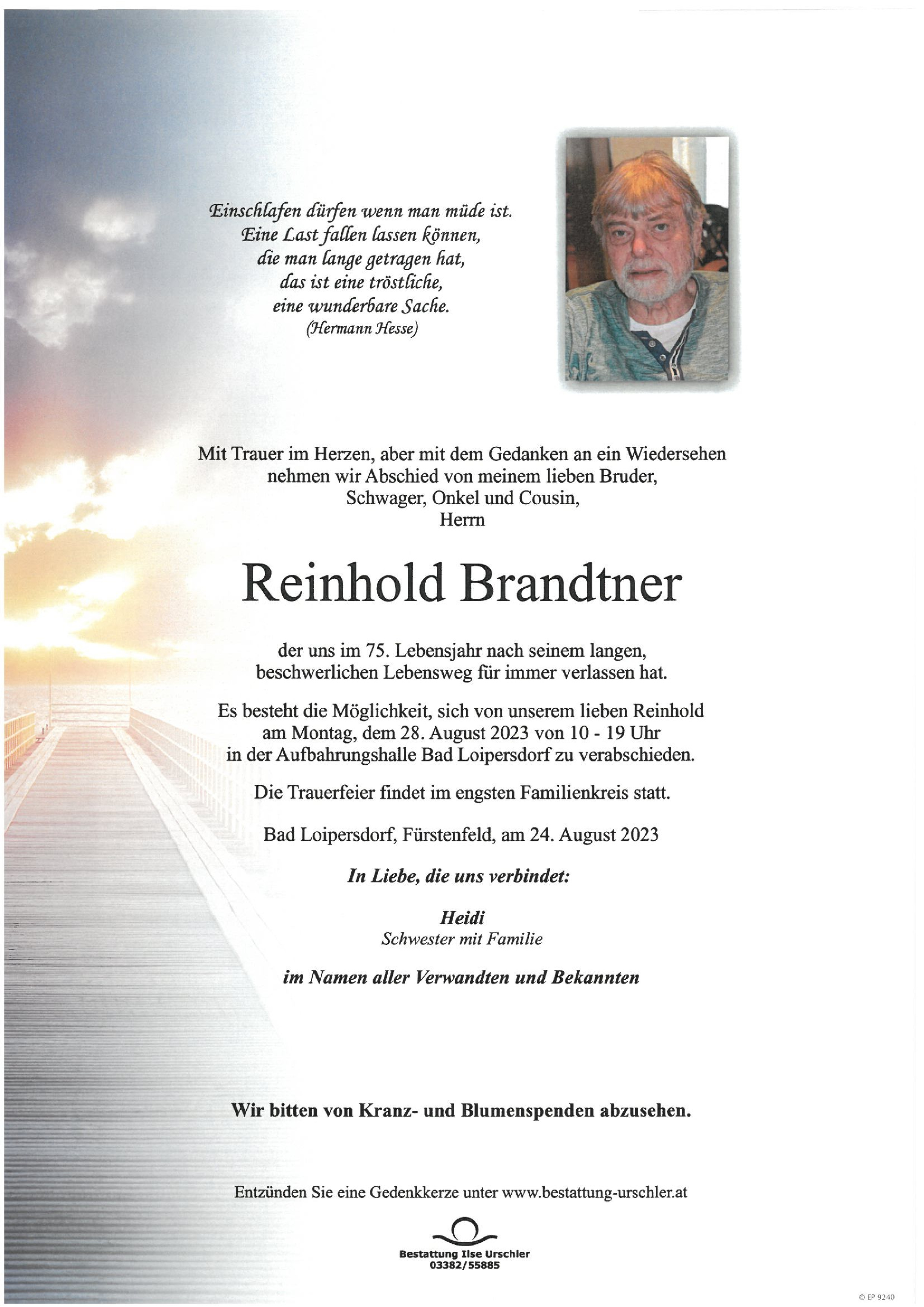 Traueranzeige von Reinhold Brandtner