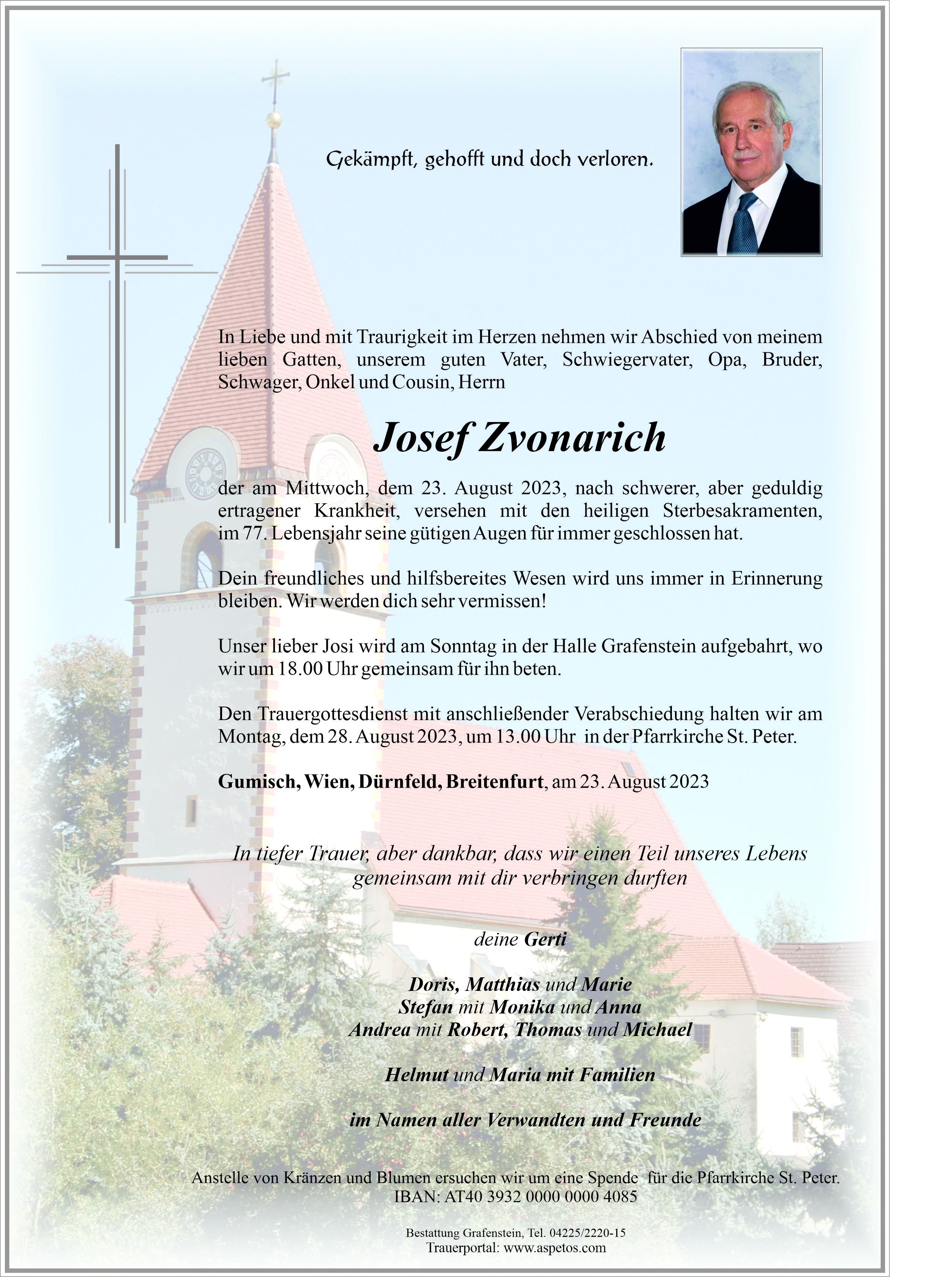 Traueranzeige von Herr Josef Zvonarich