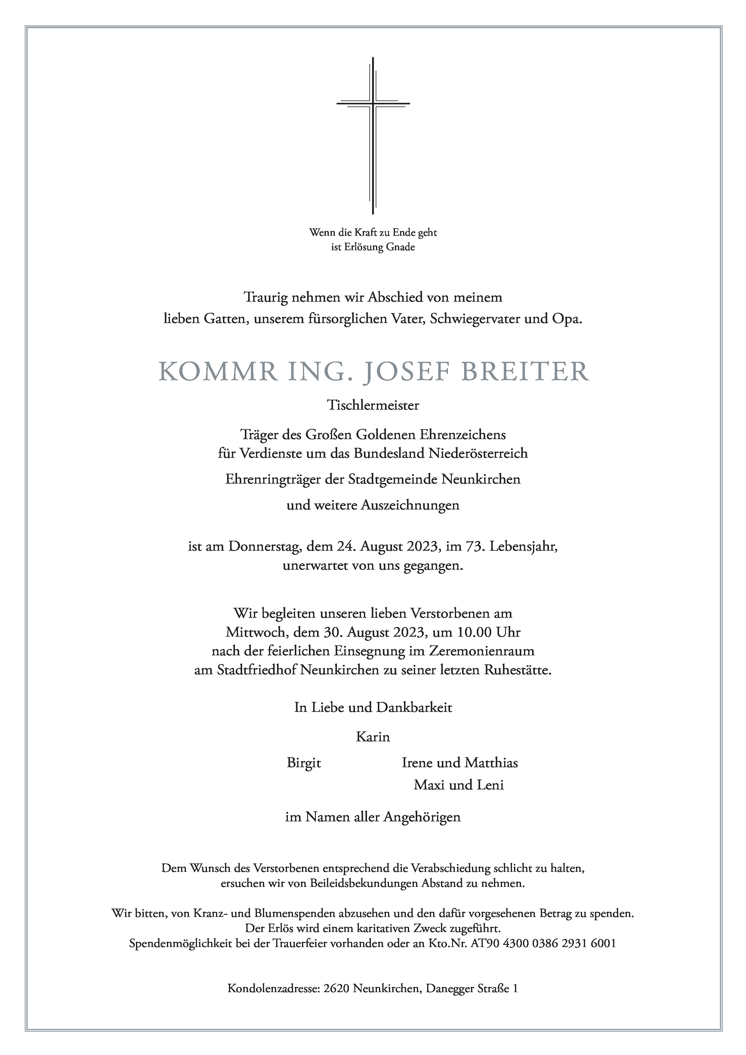 Traueranzeige von KommR Ing. Josef Breiter