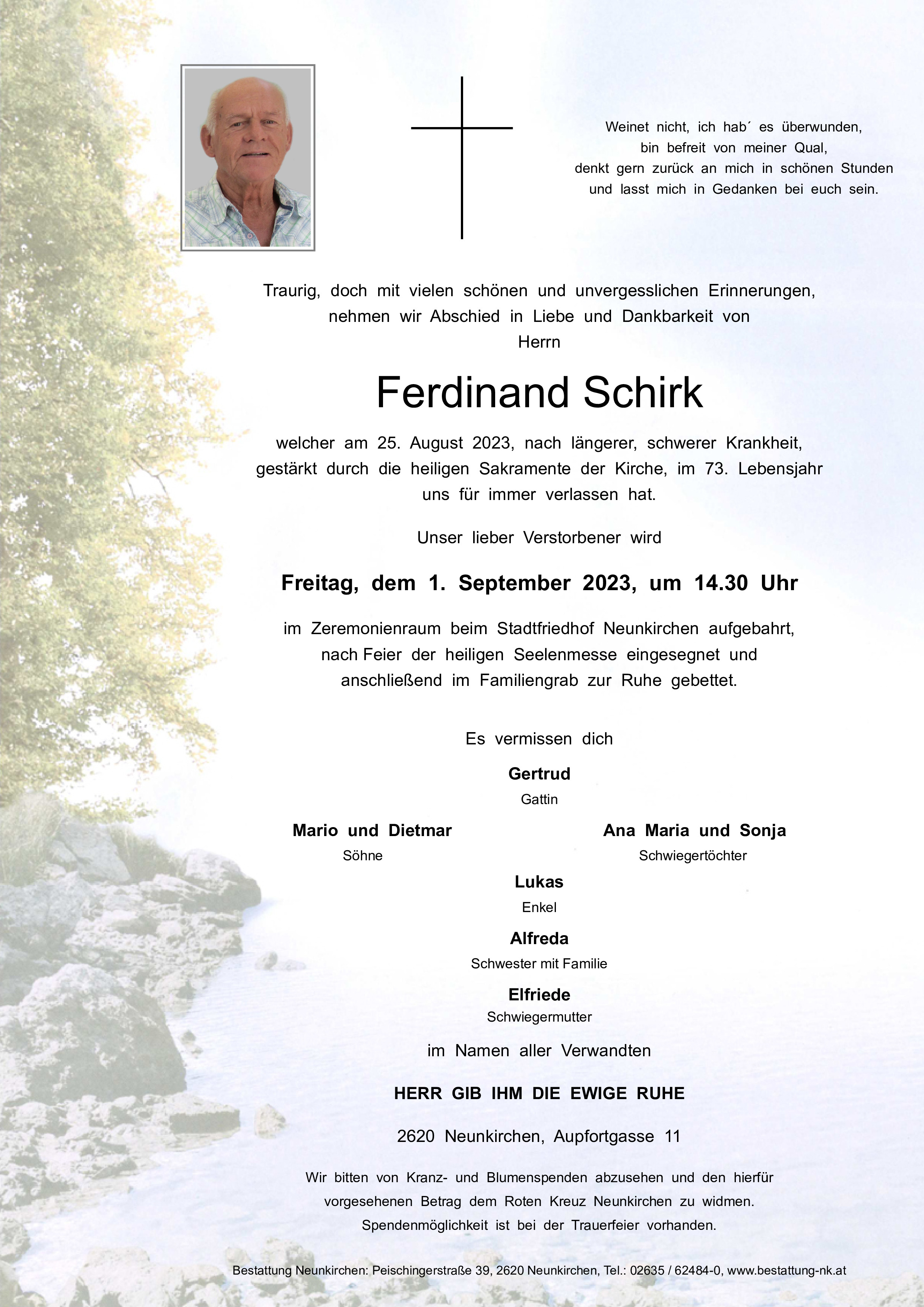Traueranzeige von Ferdinand Schirk