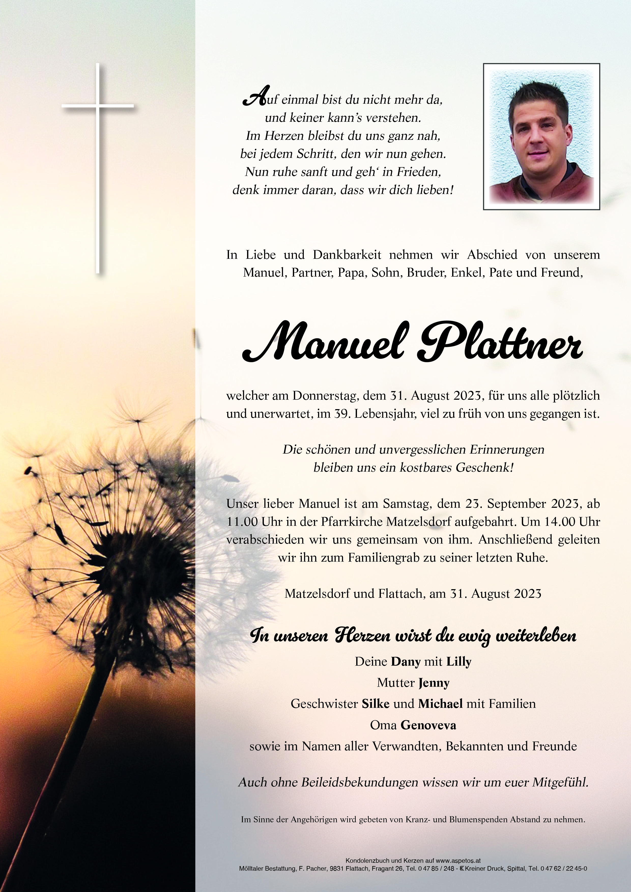Traueranzeige von Manuel Plattner