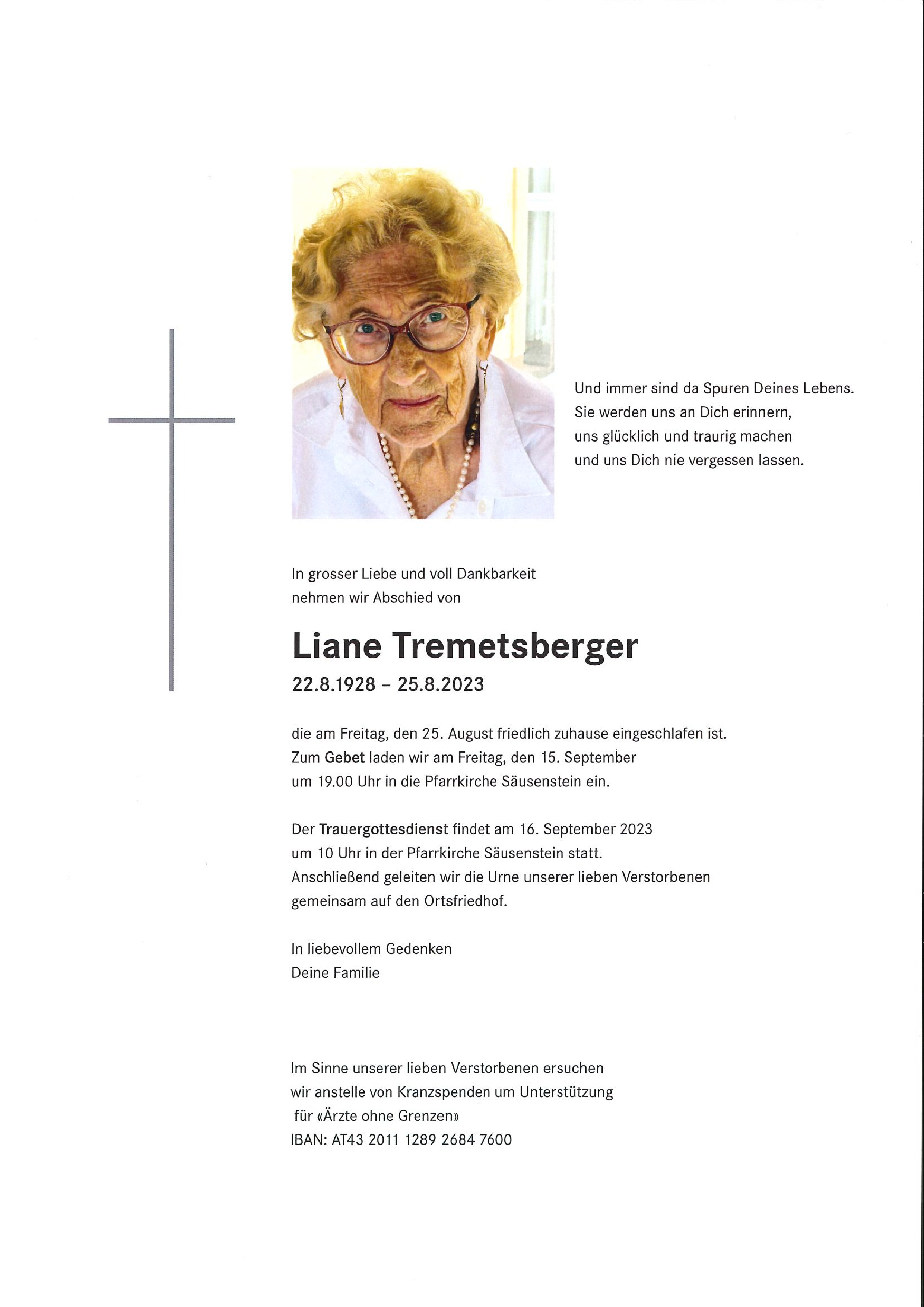 Traueranzeige von Liane Tremetsberger