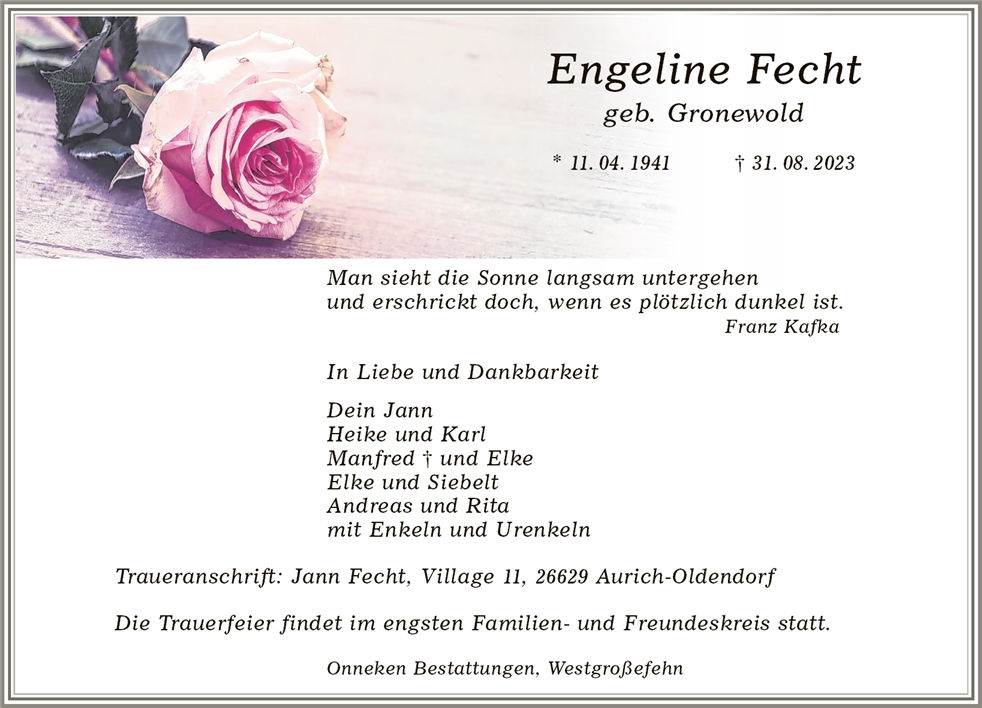 Traueranzeige von Engeline Fecht