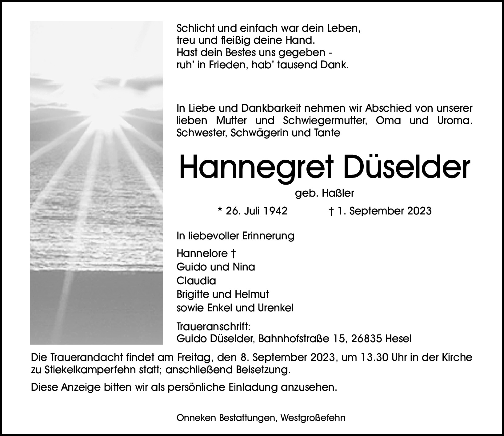 Traueranzeige von Hannegret Düselder