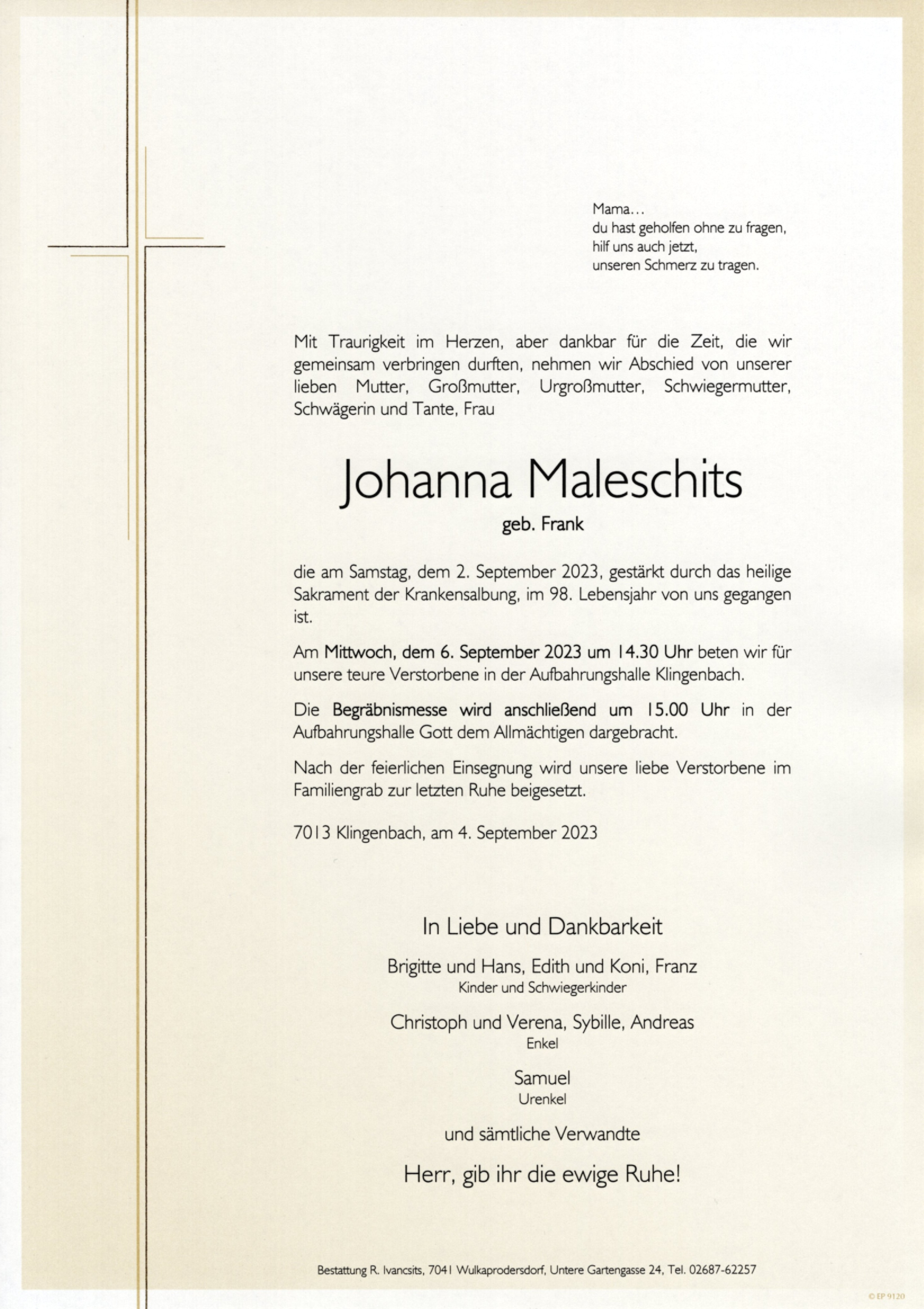 Traueranzeige von Johanna Maleschits