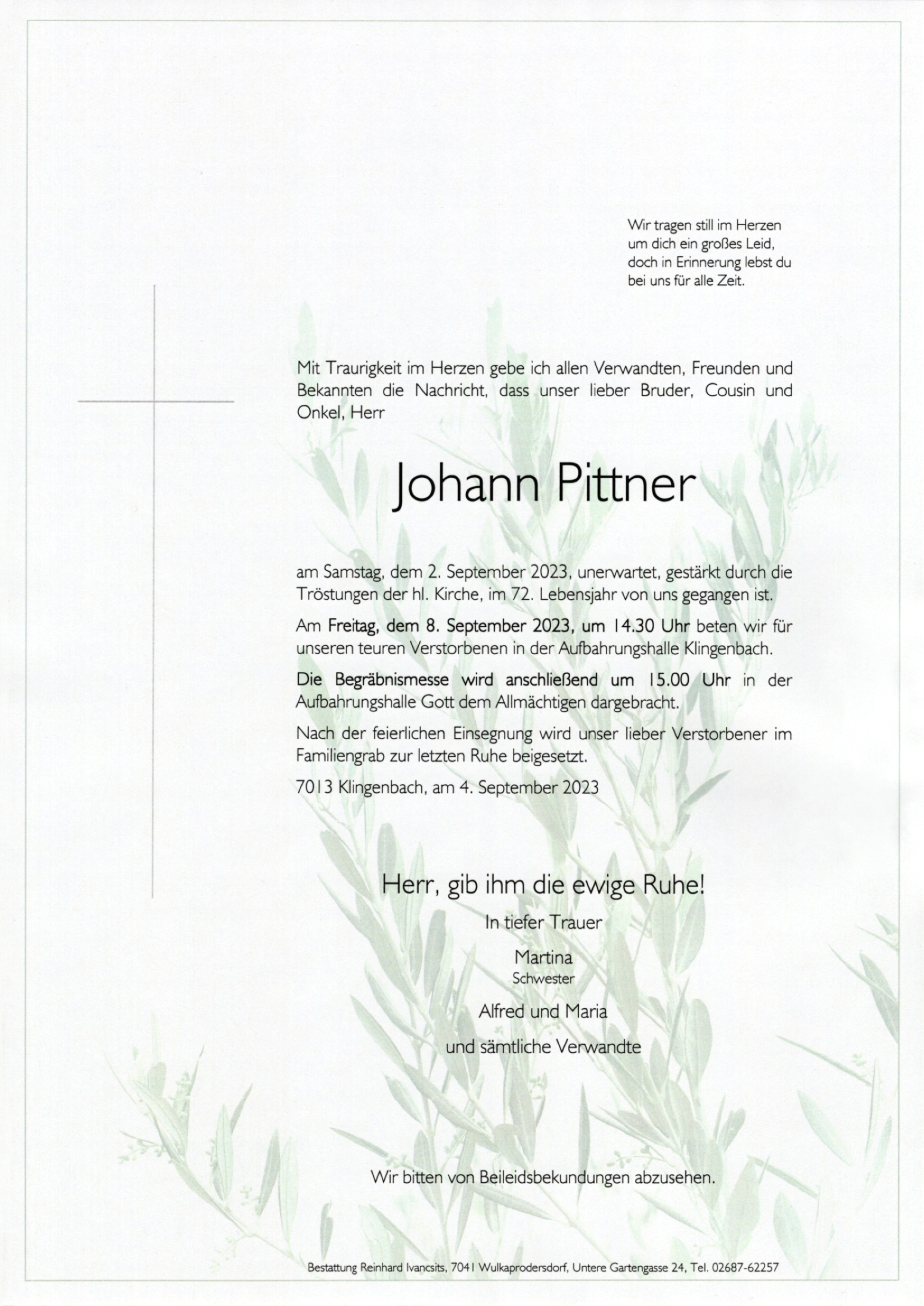 Traueranzeige von Johann Pittner