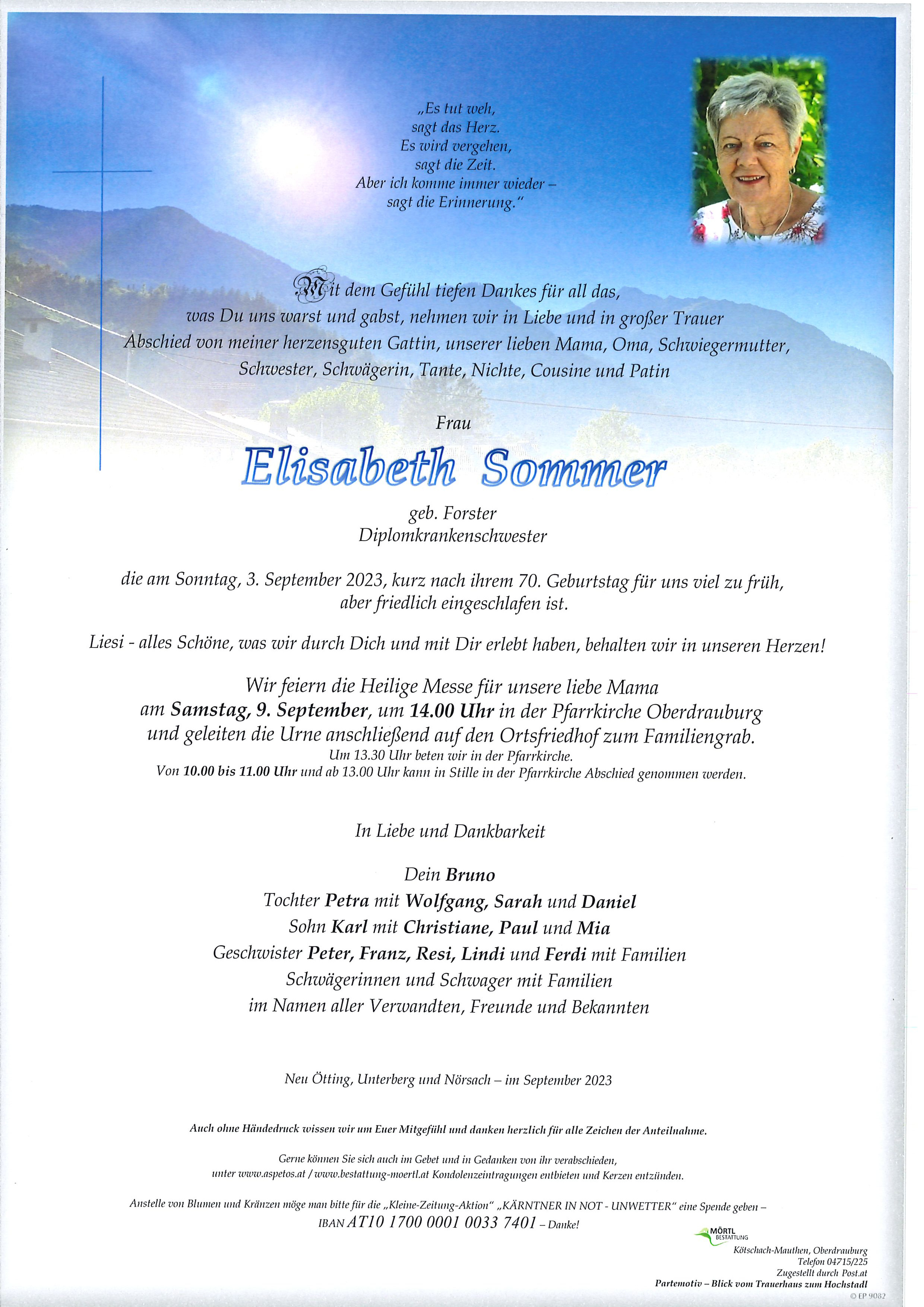 Traueranzeige von Elisabeth  Sommer