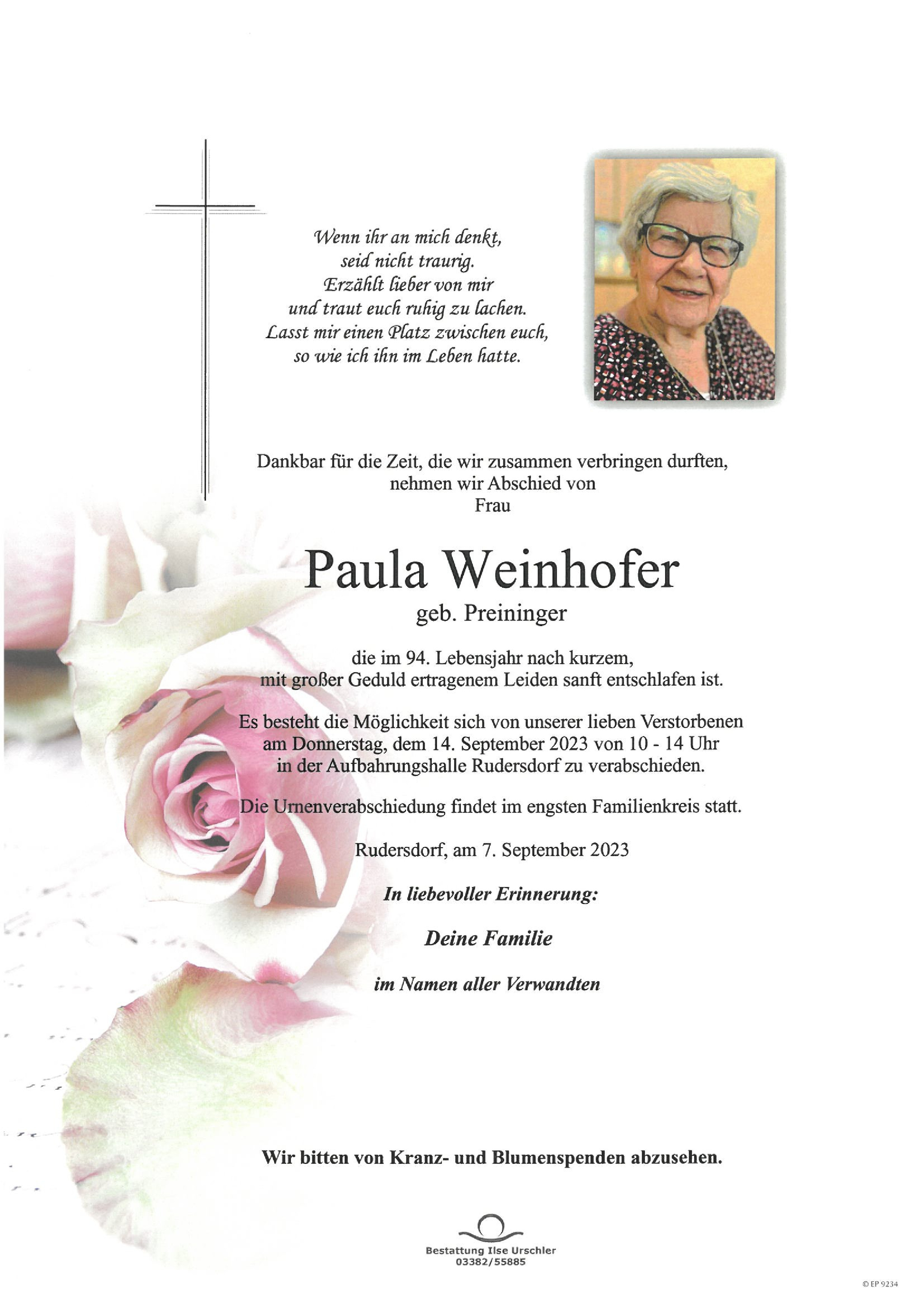 Traueranzeige von Paula Weinhofer
