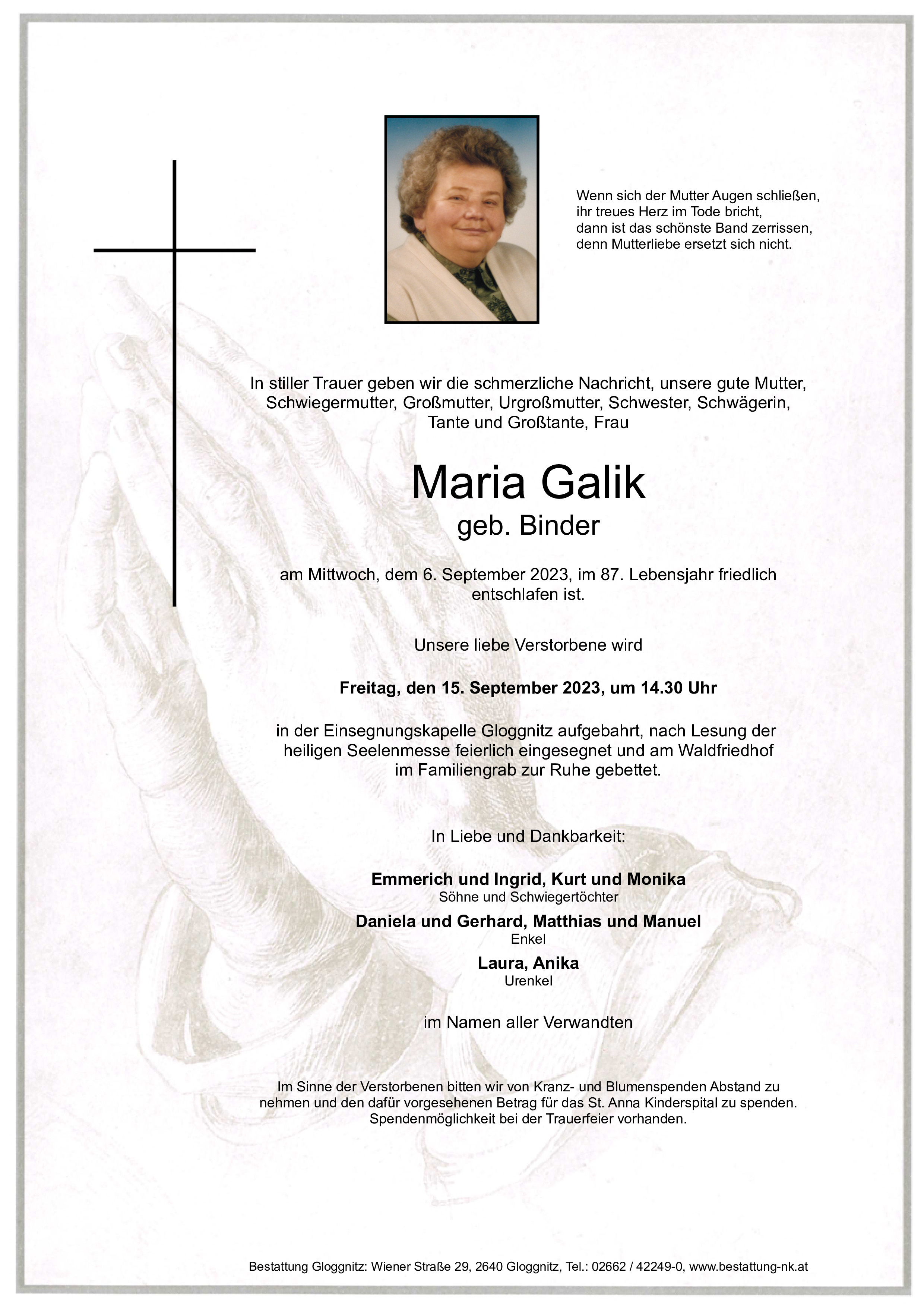 Traueranzeige von Maria Galik
