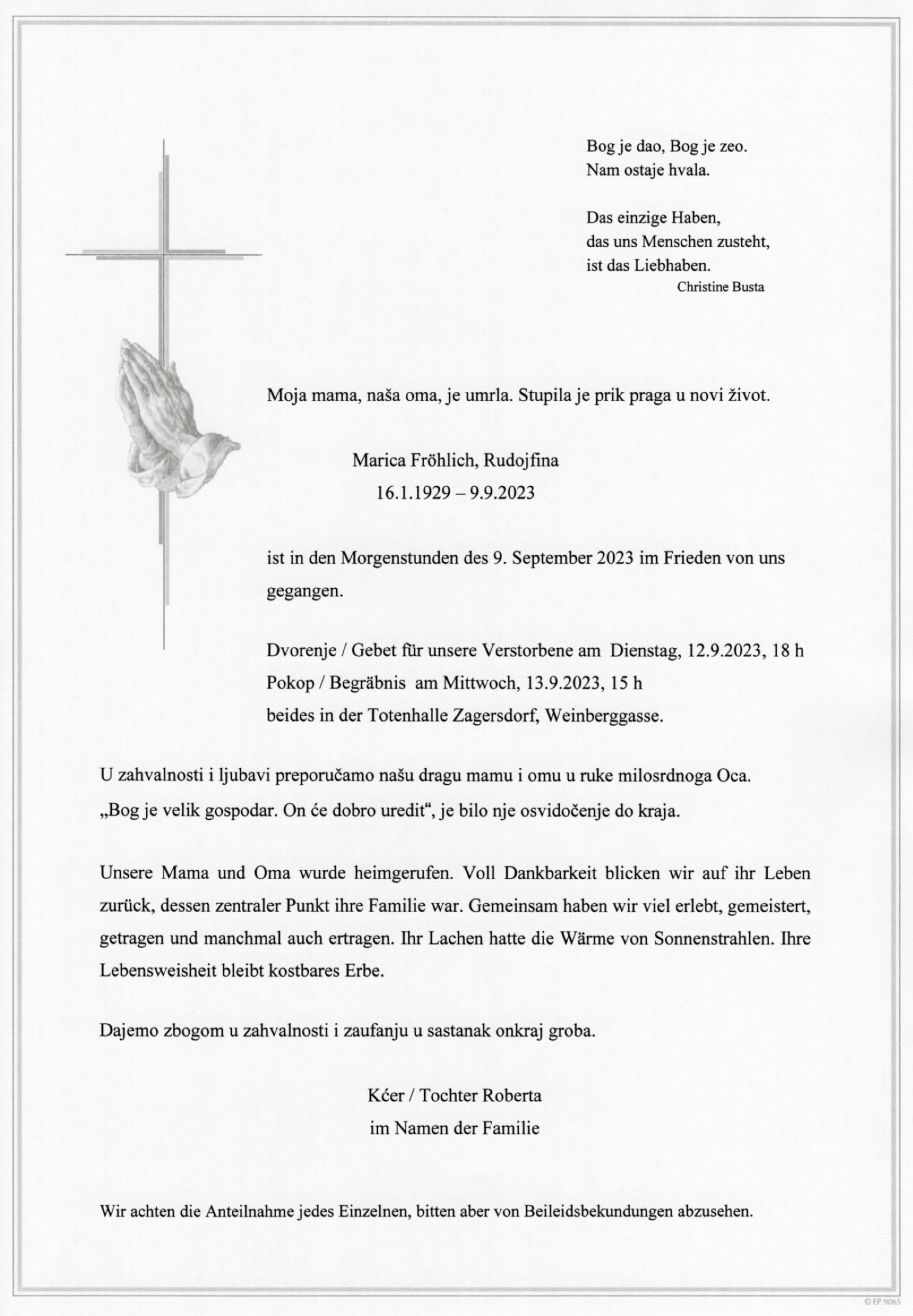 Traueranzeige von Maria Fröhlich