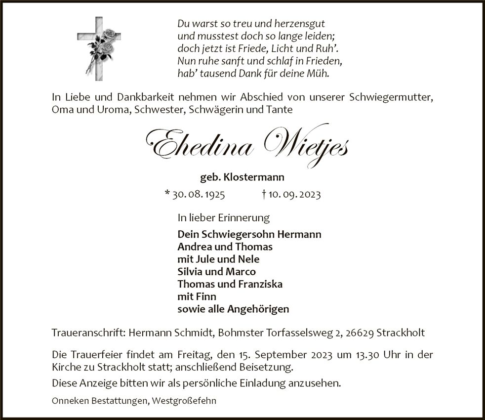 Traueranzeige von Ehedina Wietjes