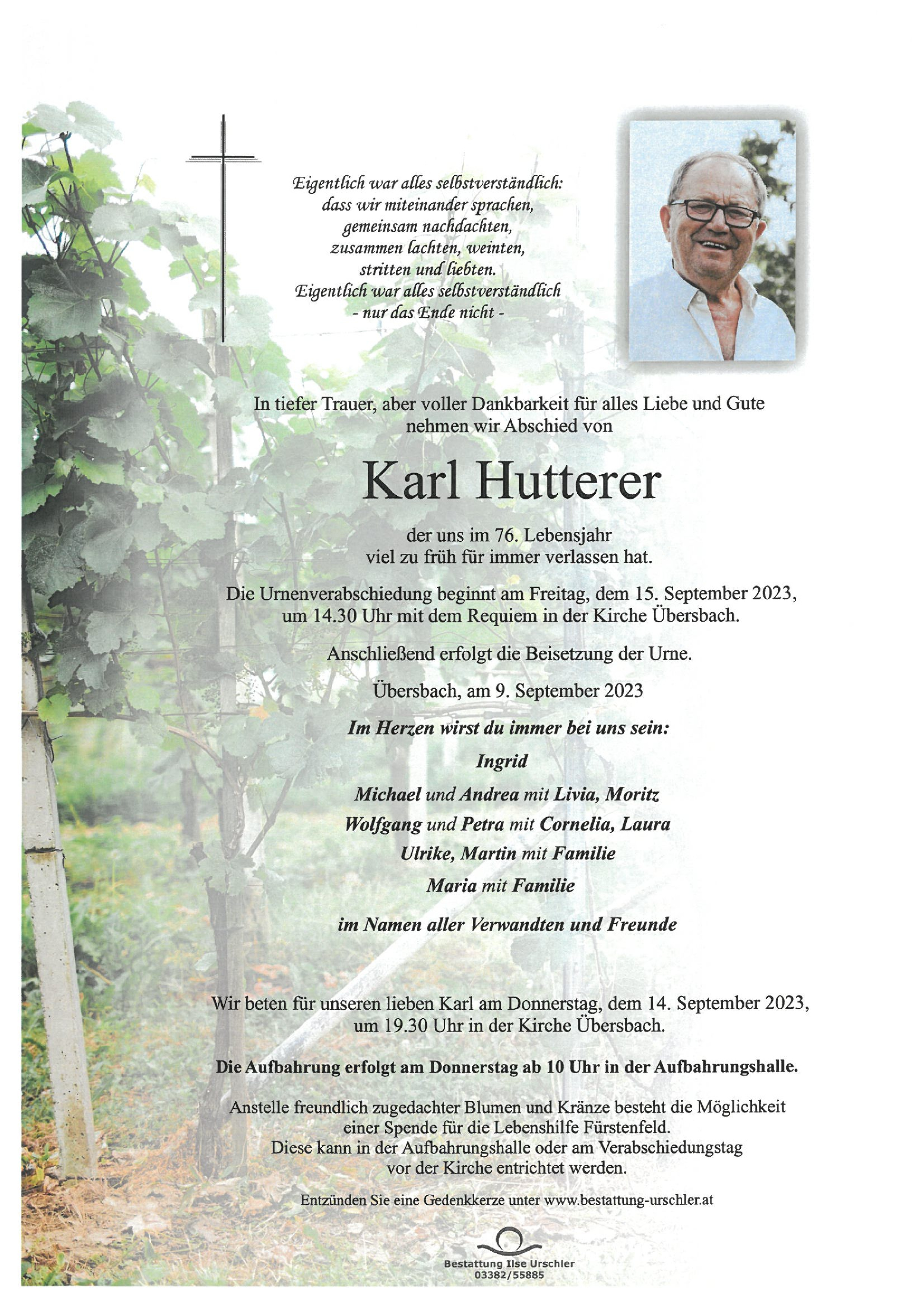 Traueranzeige von Karl Hutterer