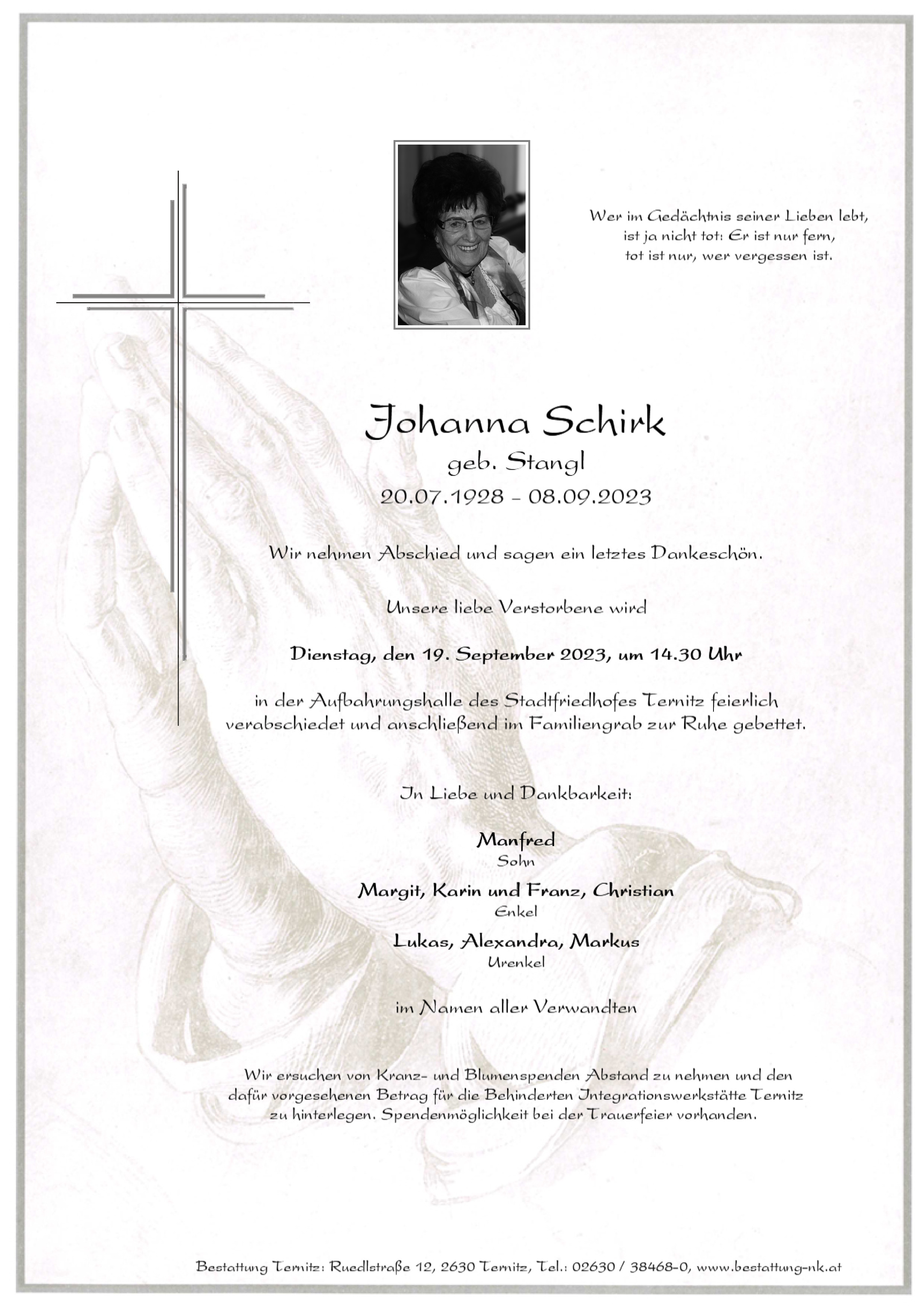 Traueranzeige von Johanna Schirk