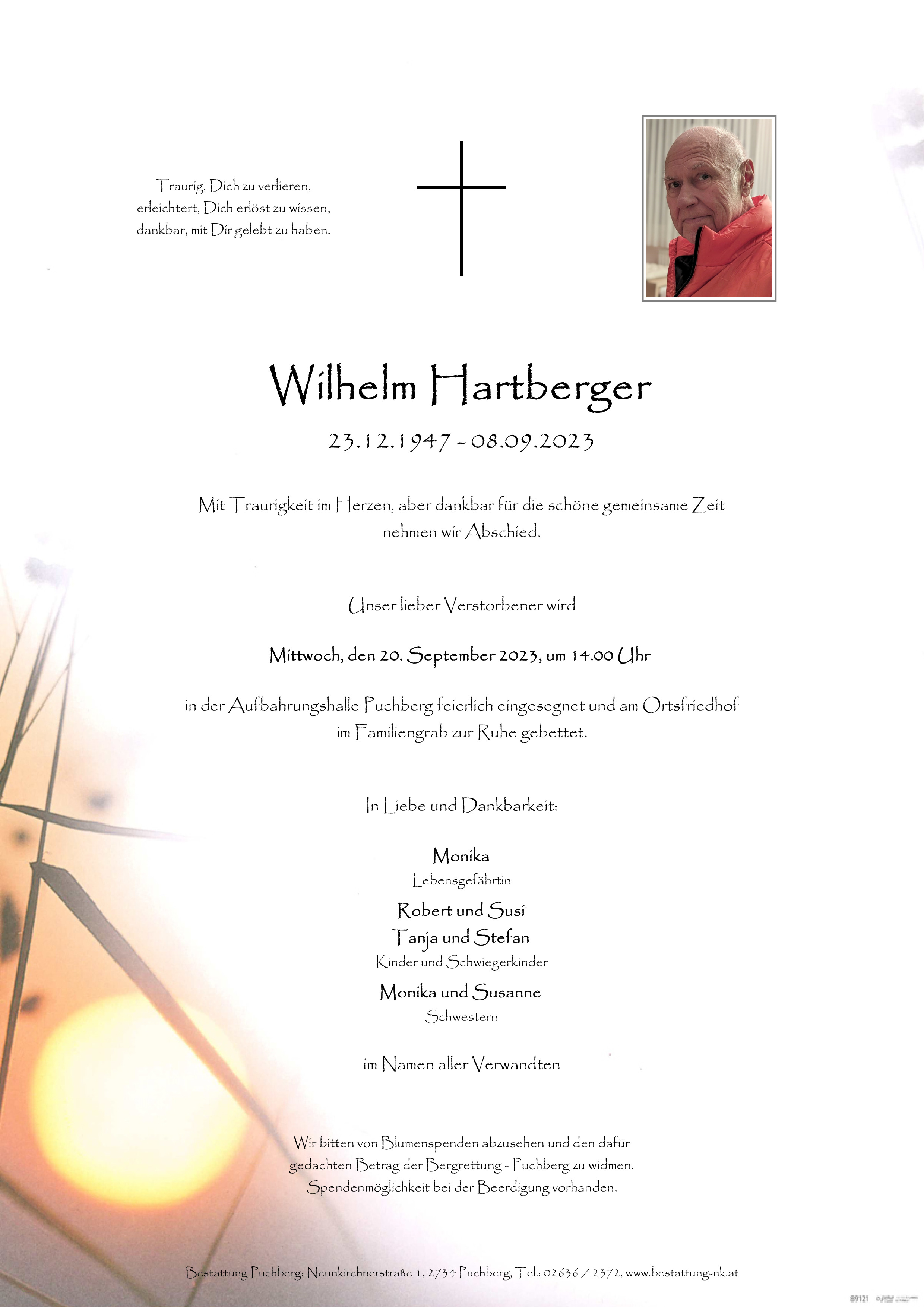 Traueranzeige von Wilhelm Hartberger