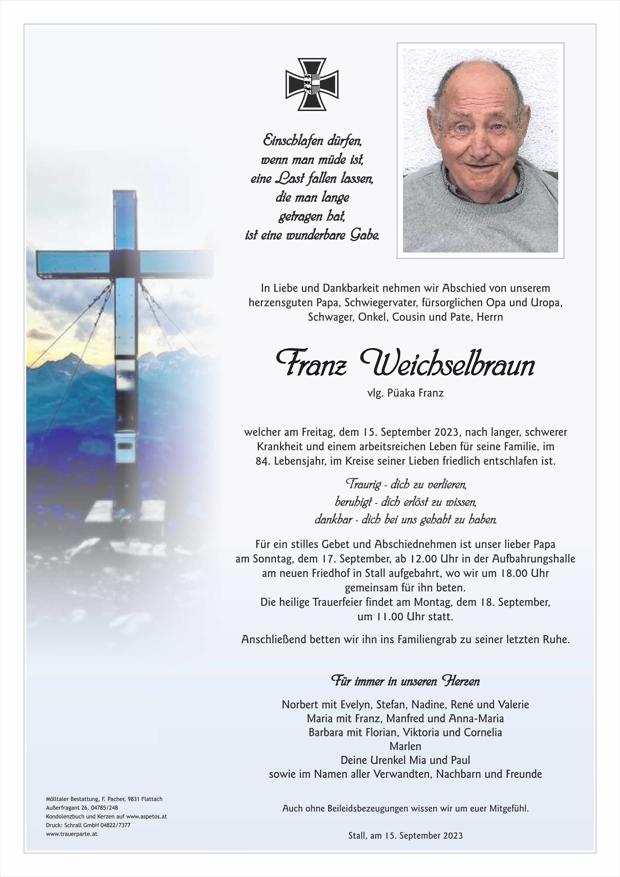 Traueranzeige von Franz Weichselbraun