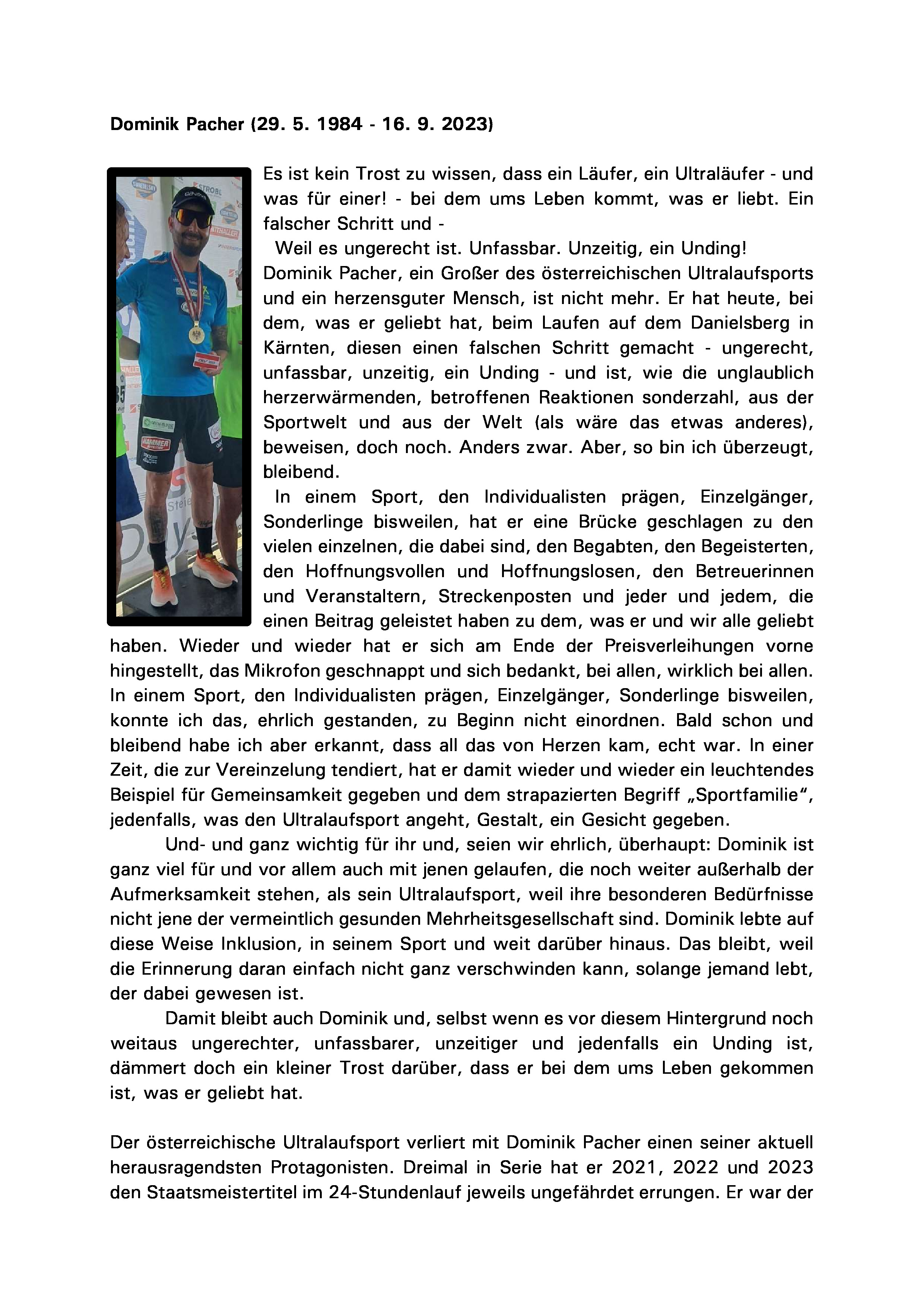 Nachruf  vom Leichtathletikverband