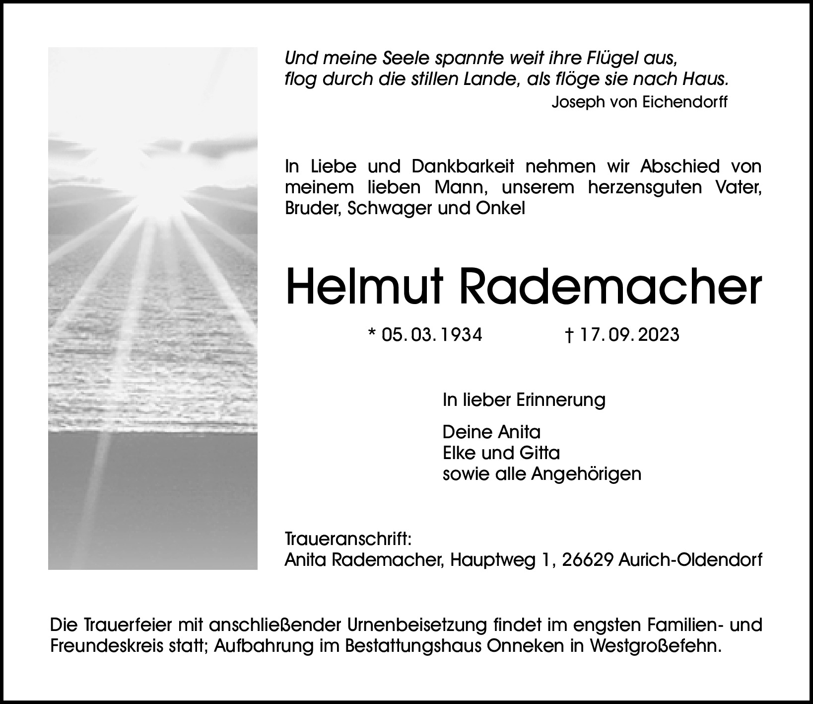 Traueranzeige von Helmut Rademacher