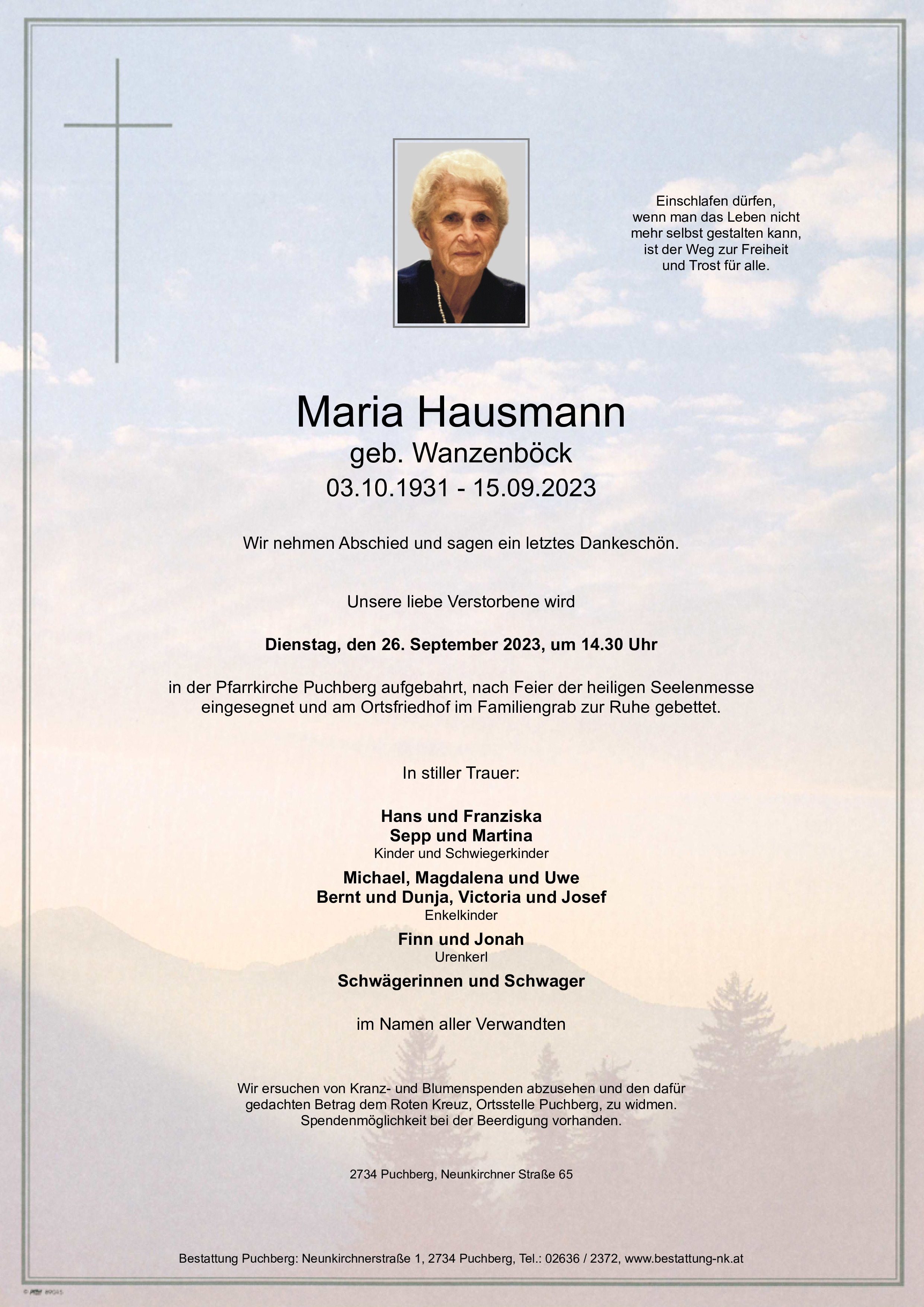 Traueranzeige von Maria Hausmann