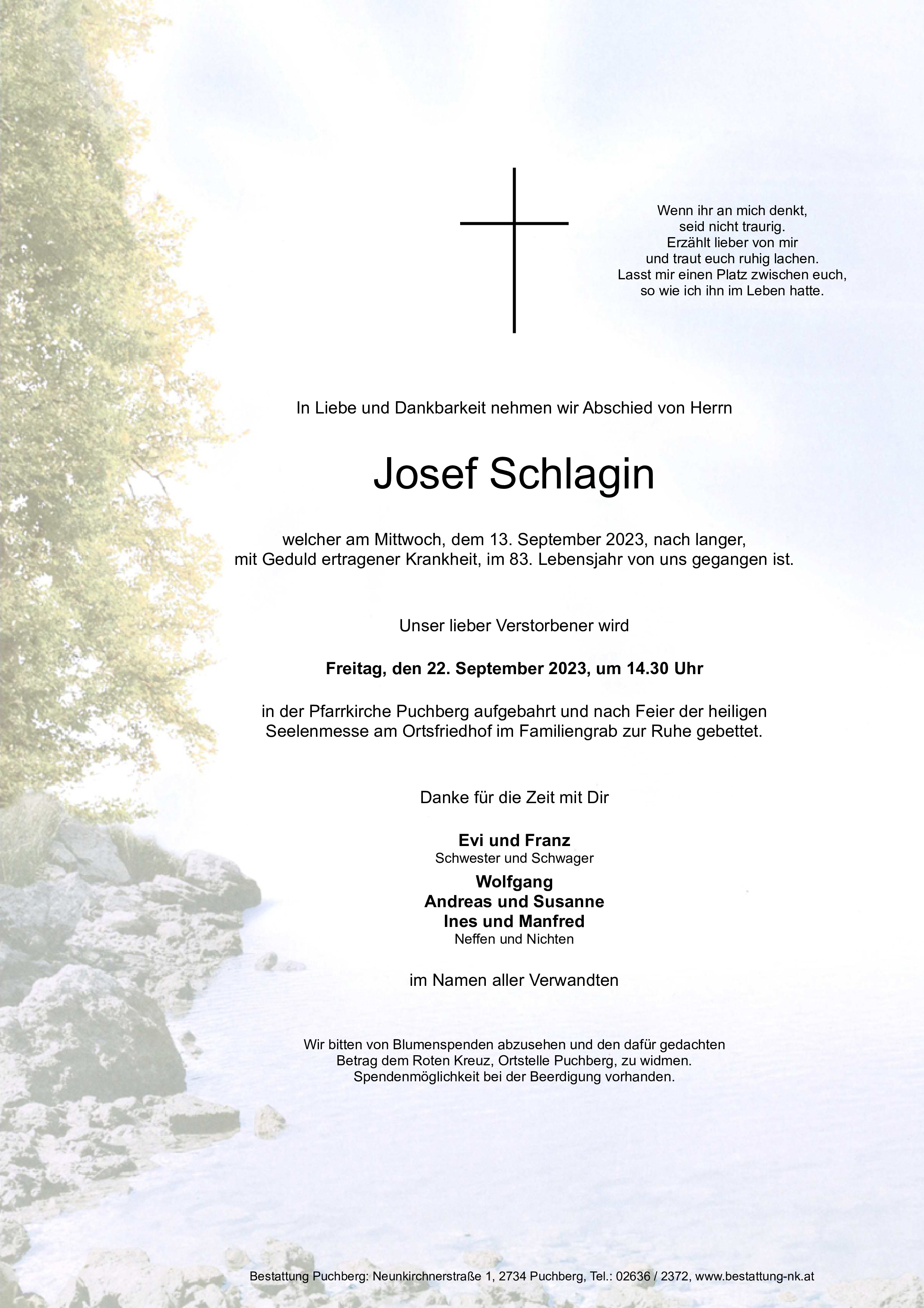 Traueranzeige von Josef Schlagin
