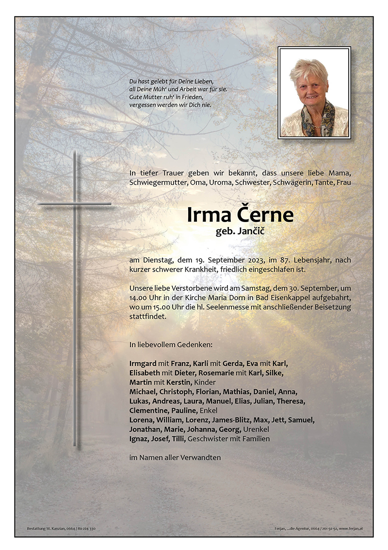 Traueranzeige von Irma Černe