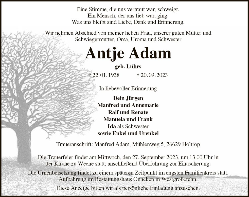 Traueranzeige von Antje Adam