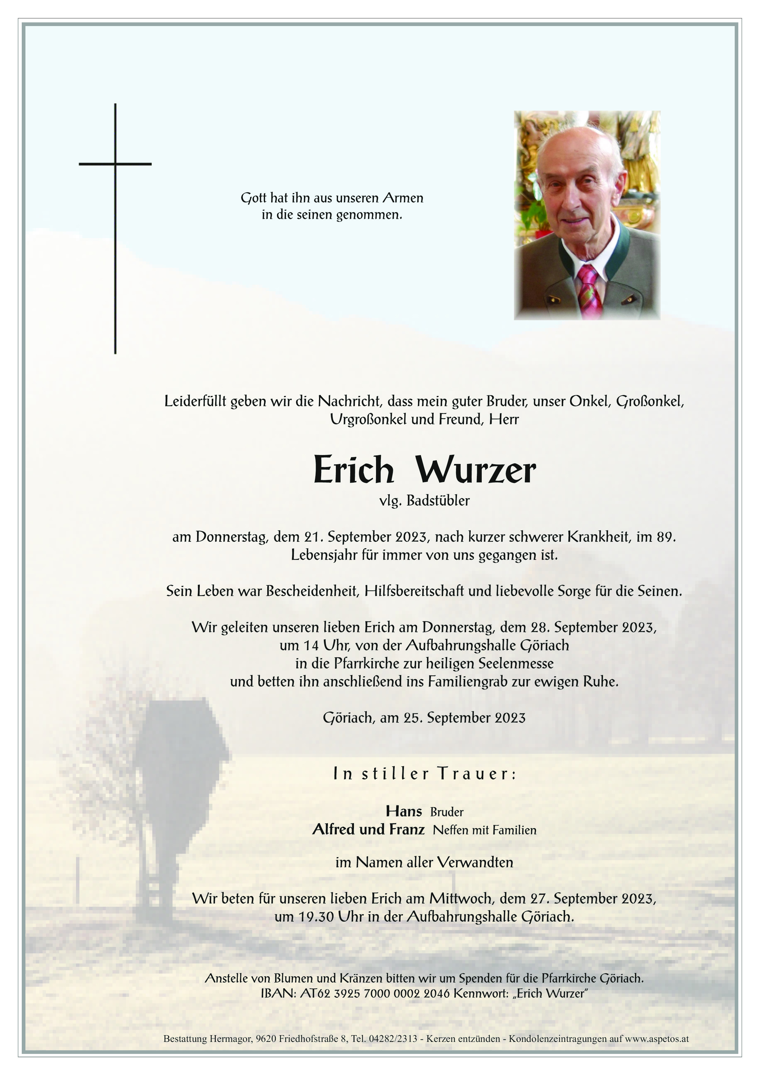 Traueranzeige von Erich Wurzer