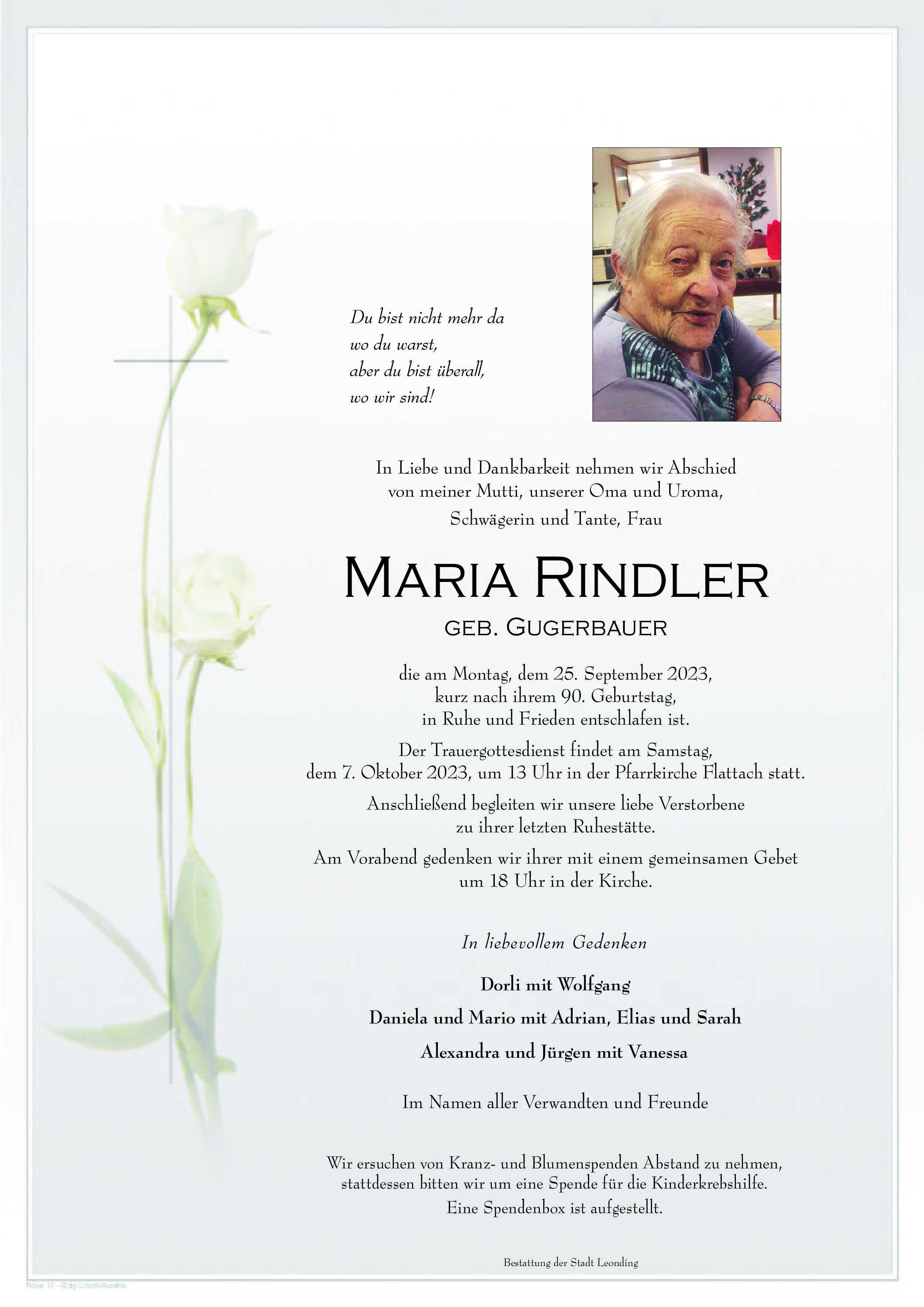 Traueranzeige von Maria Rindler