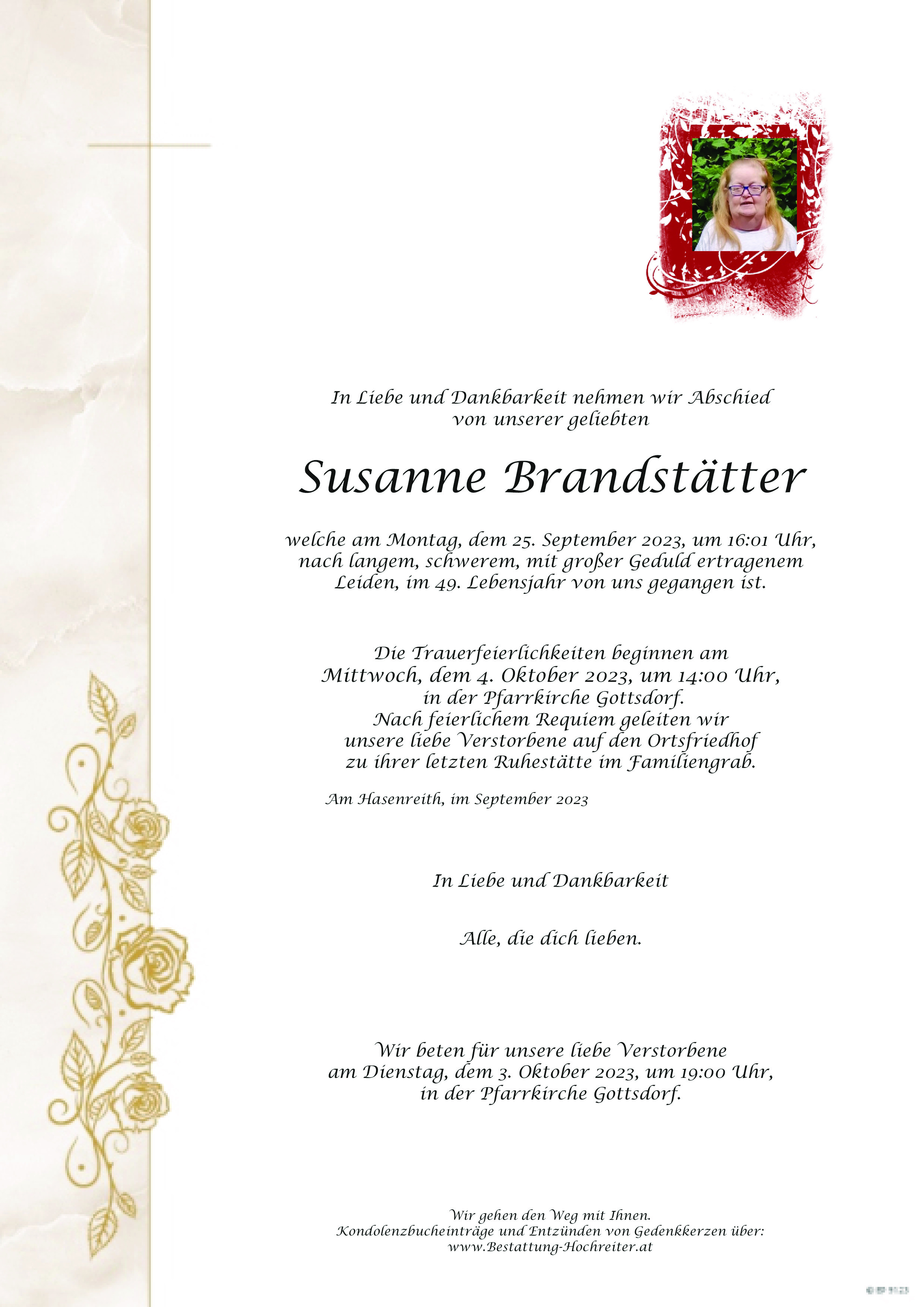 Traueranzeige von Susanne Brandstätter