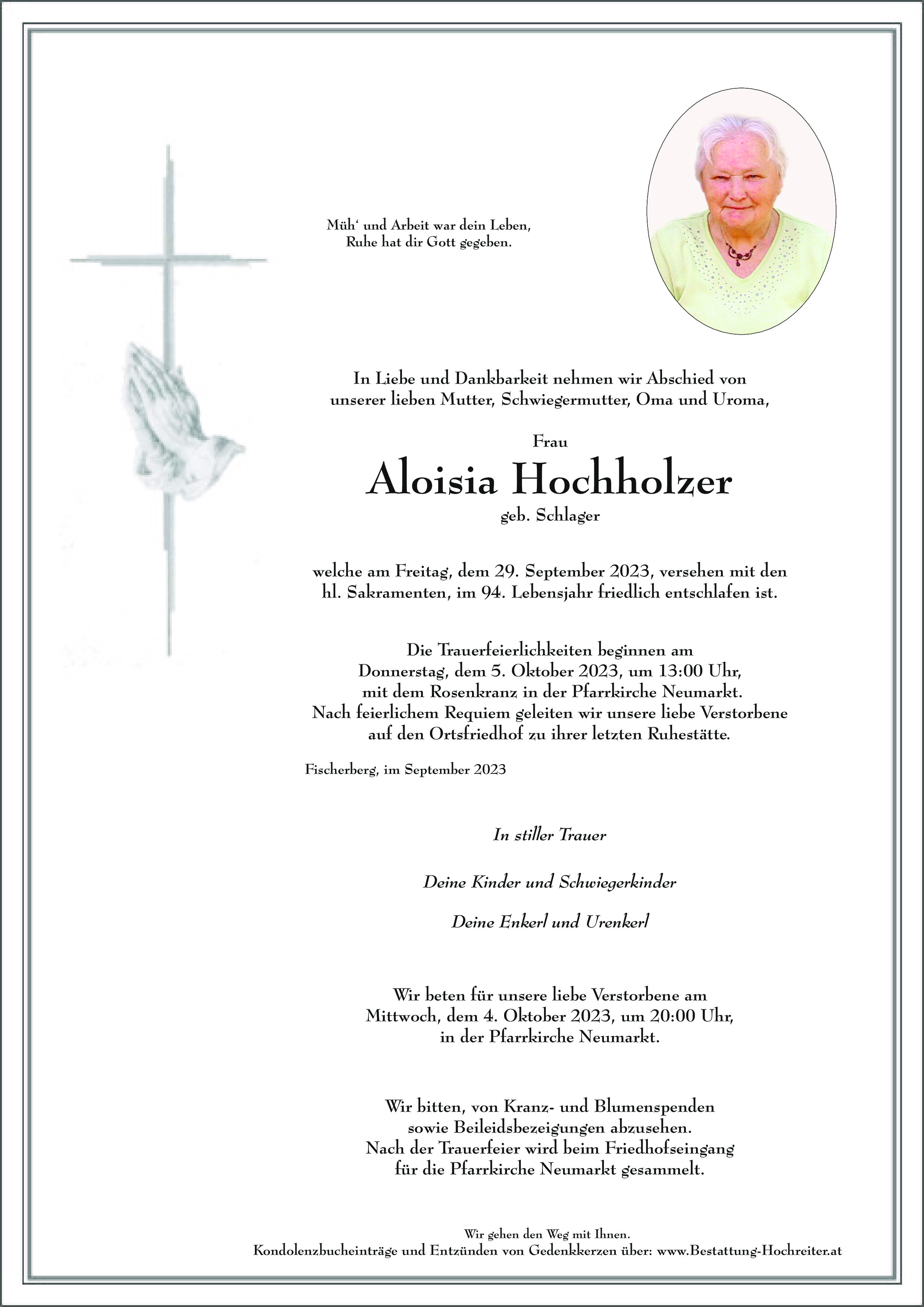 Traueranzeige von Aloisia Hochholzer