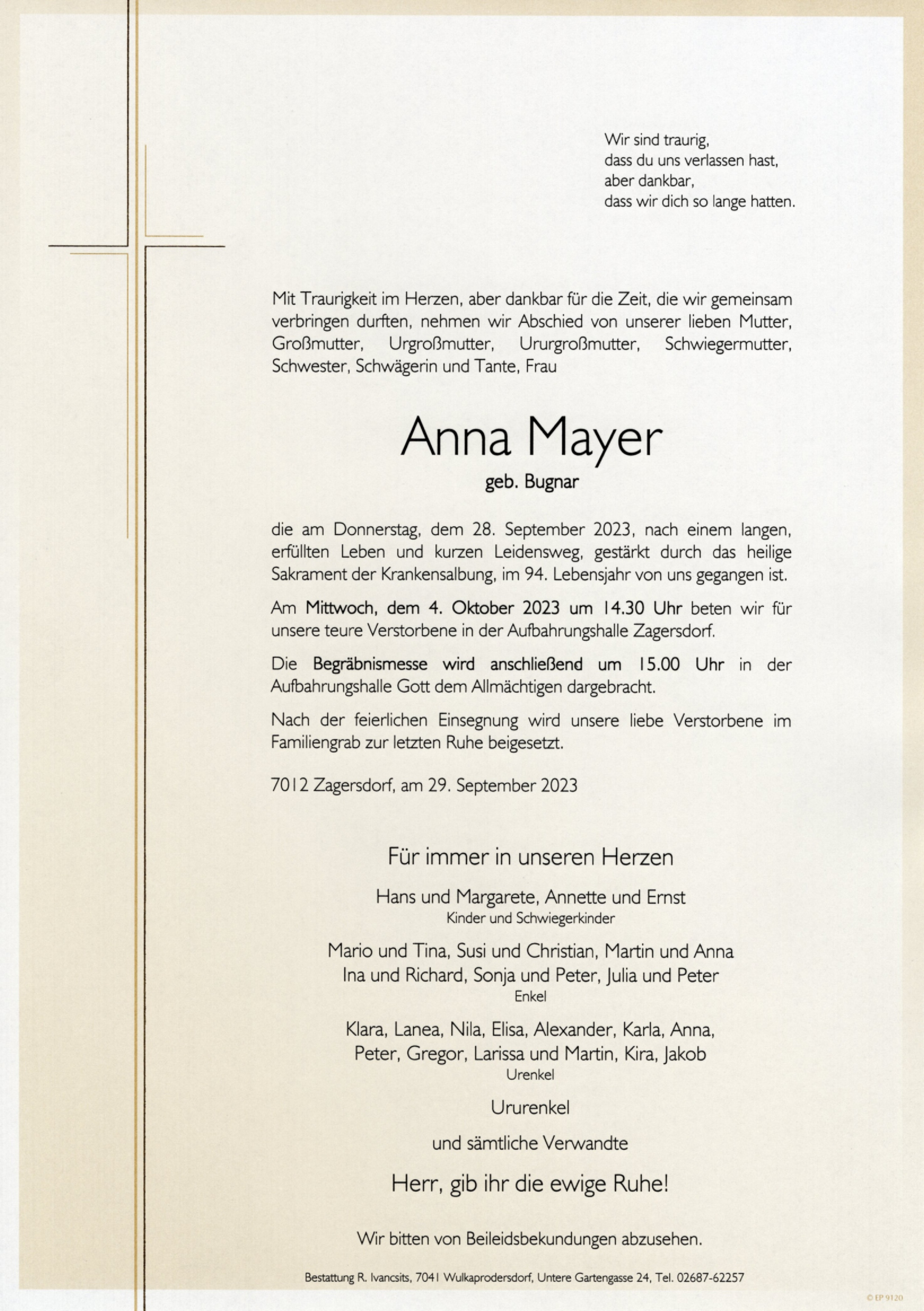 Traueranzeige von Anna Mayer