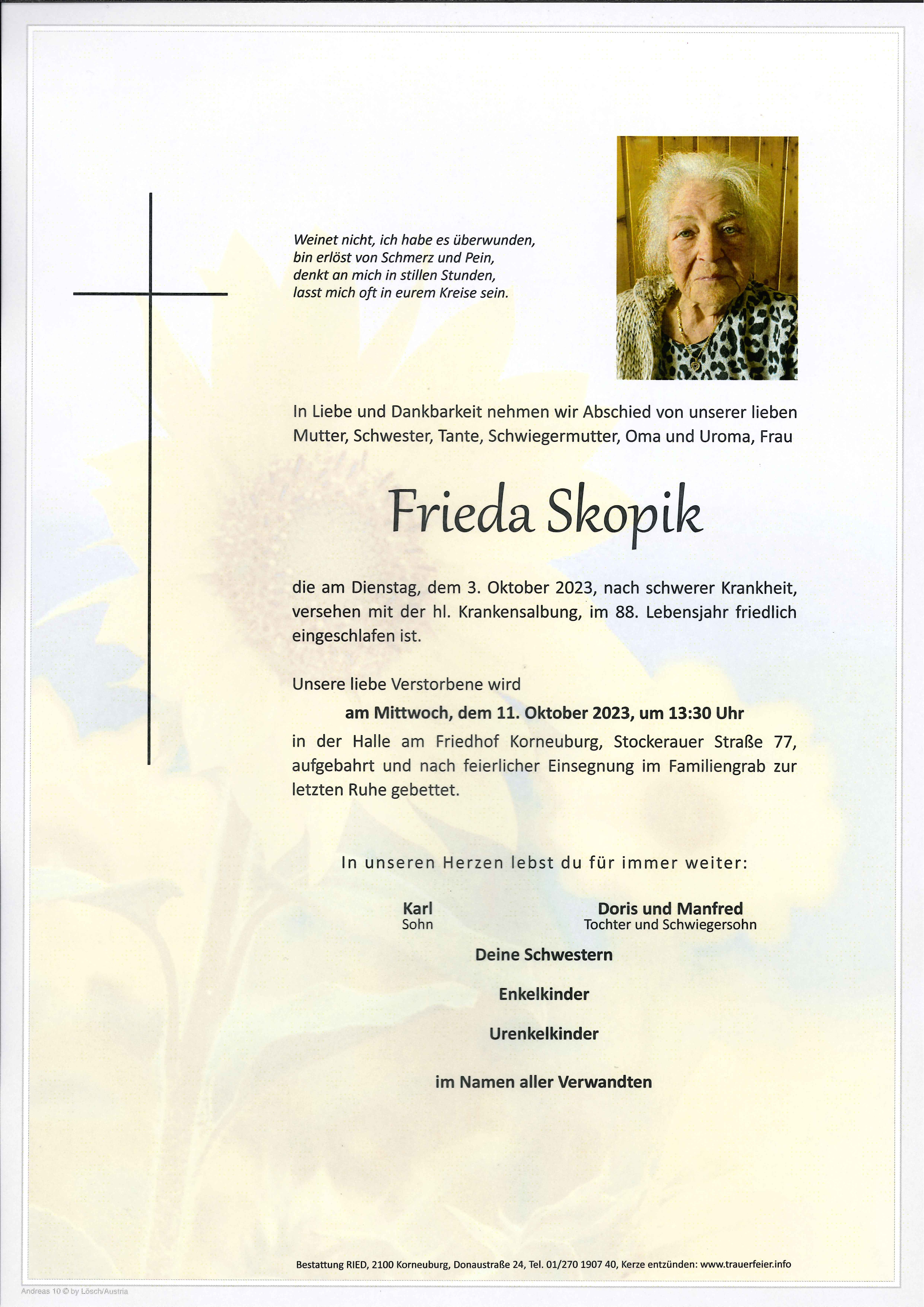 Traueranzeige von Frieda Skopik