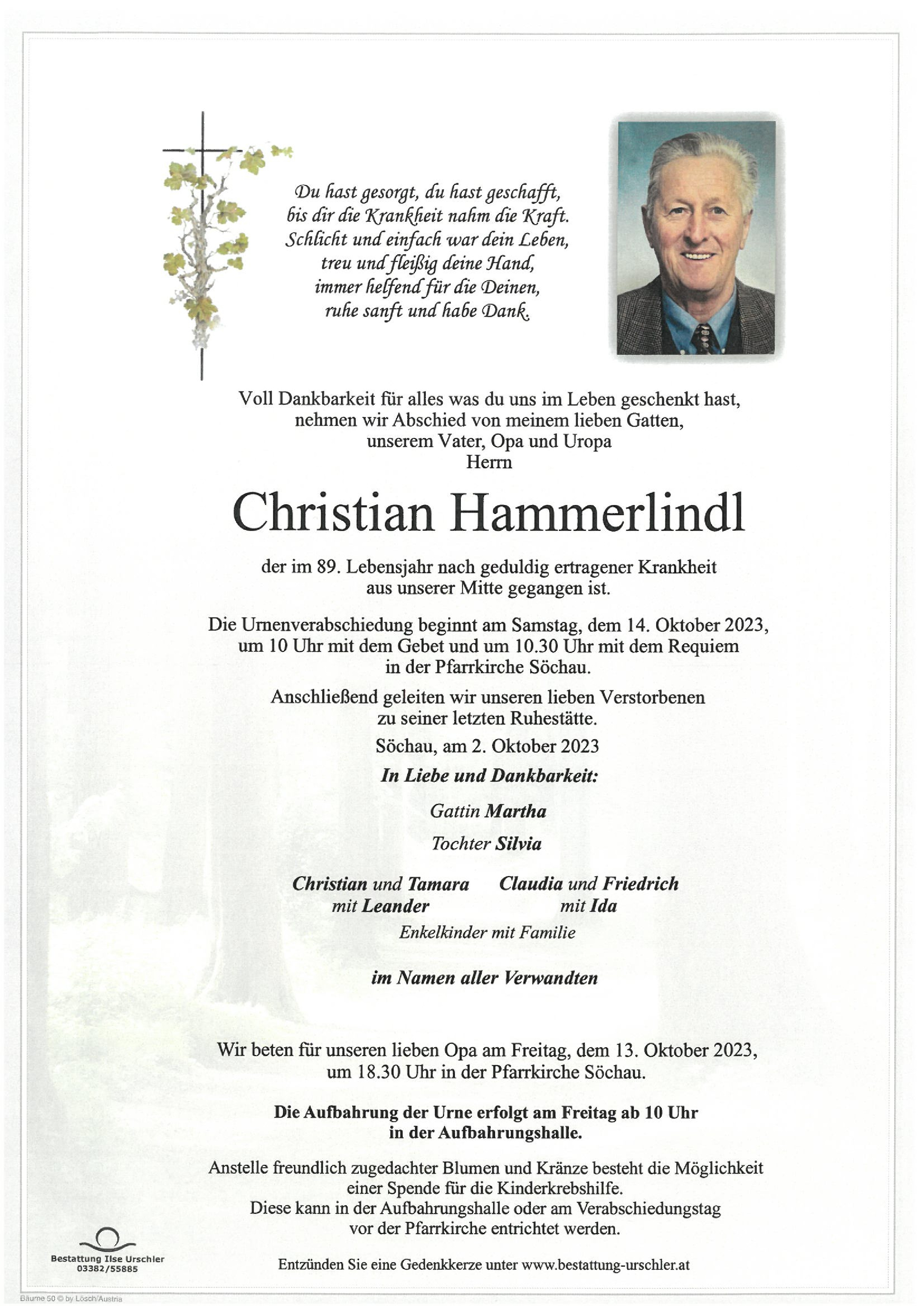 Traueranzeige von Christian Hammerlindl