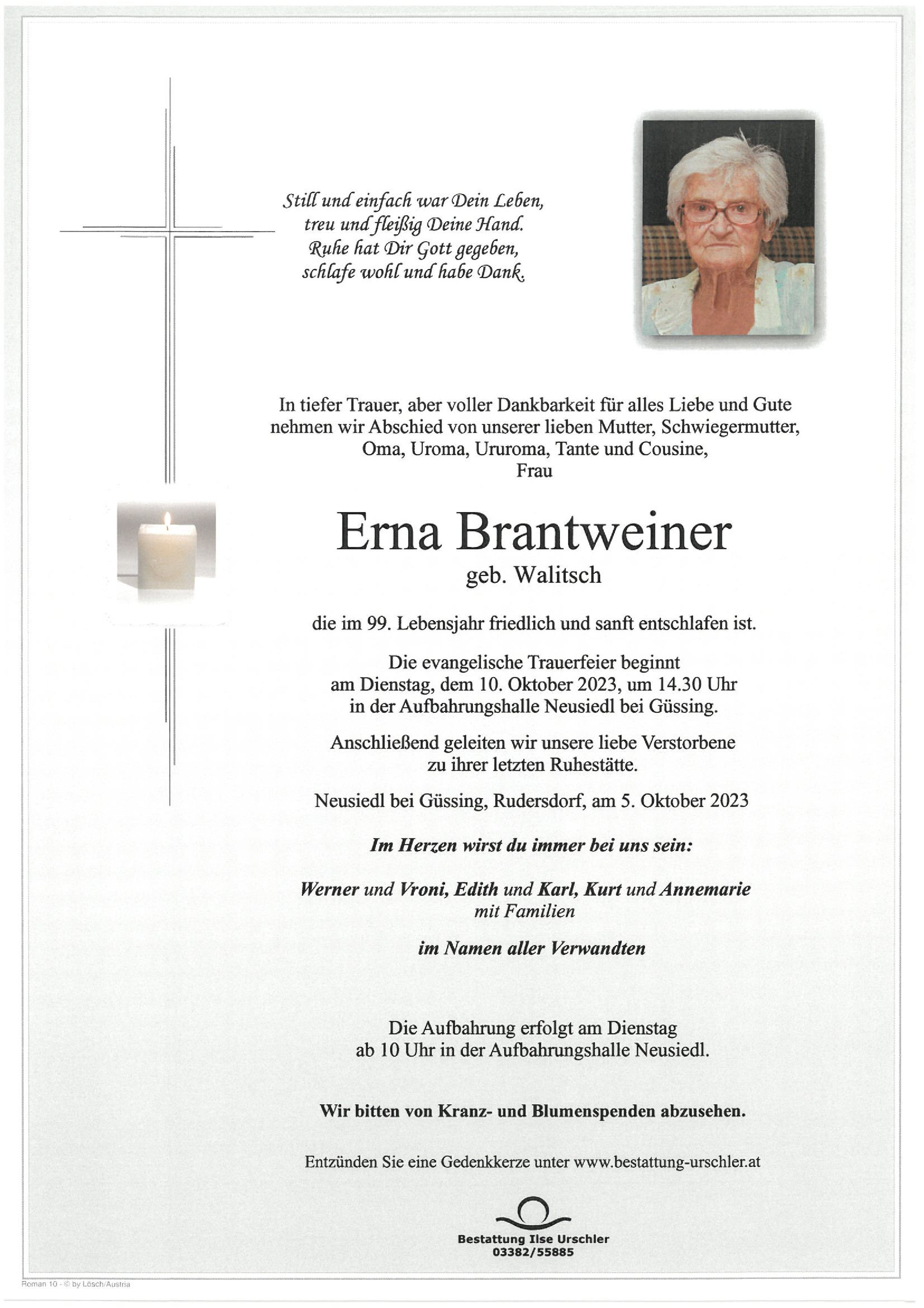 Traueranzeige von Erna Brantweiner