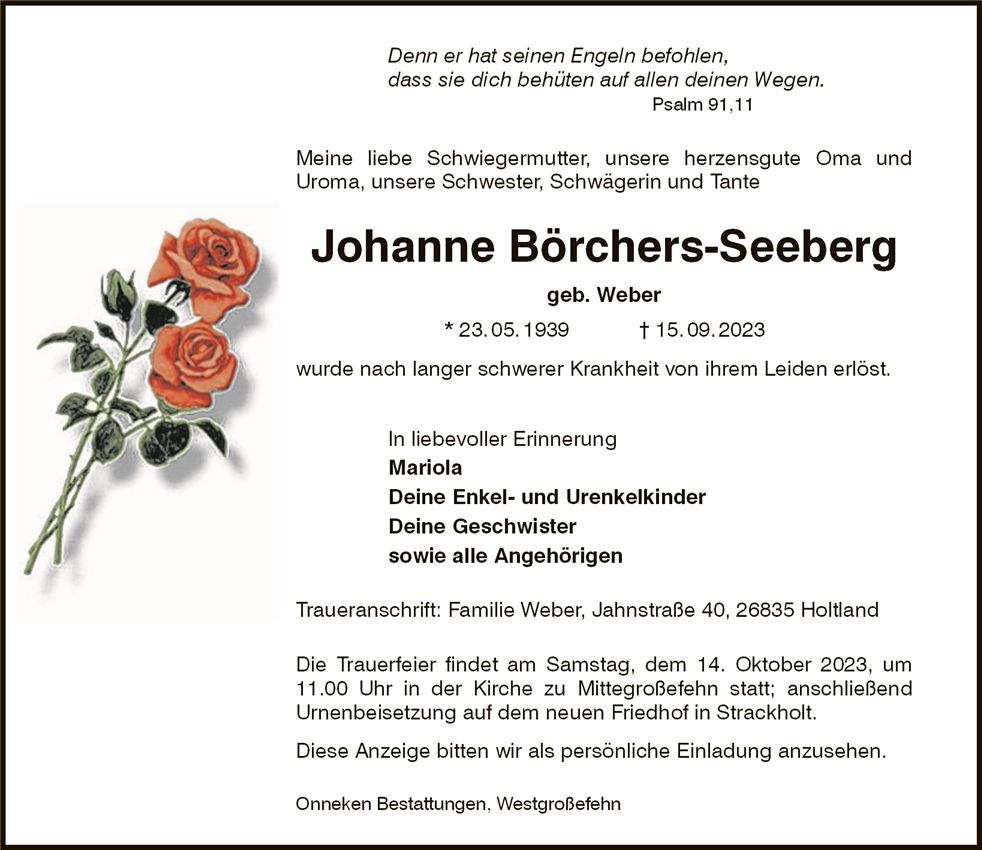 Traueranzeige von Johanne Börchers-Seeberg