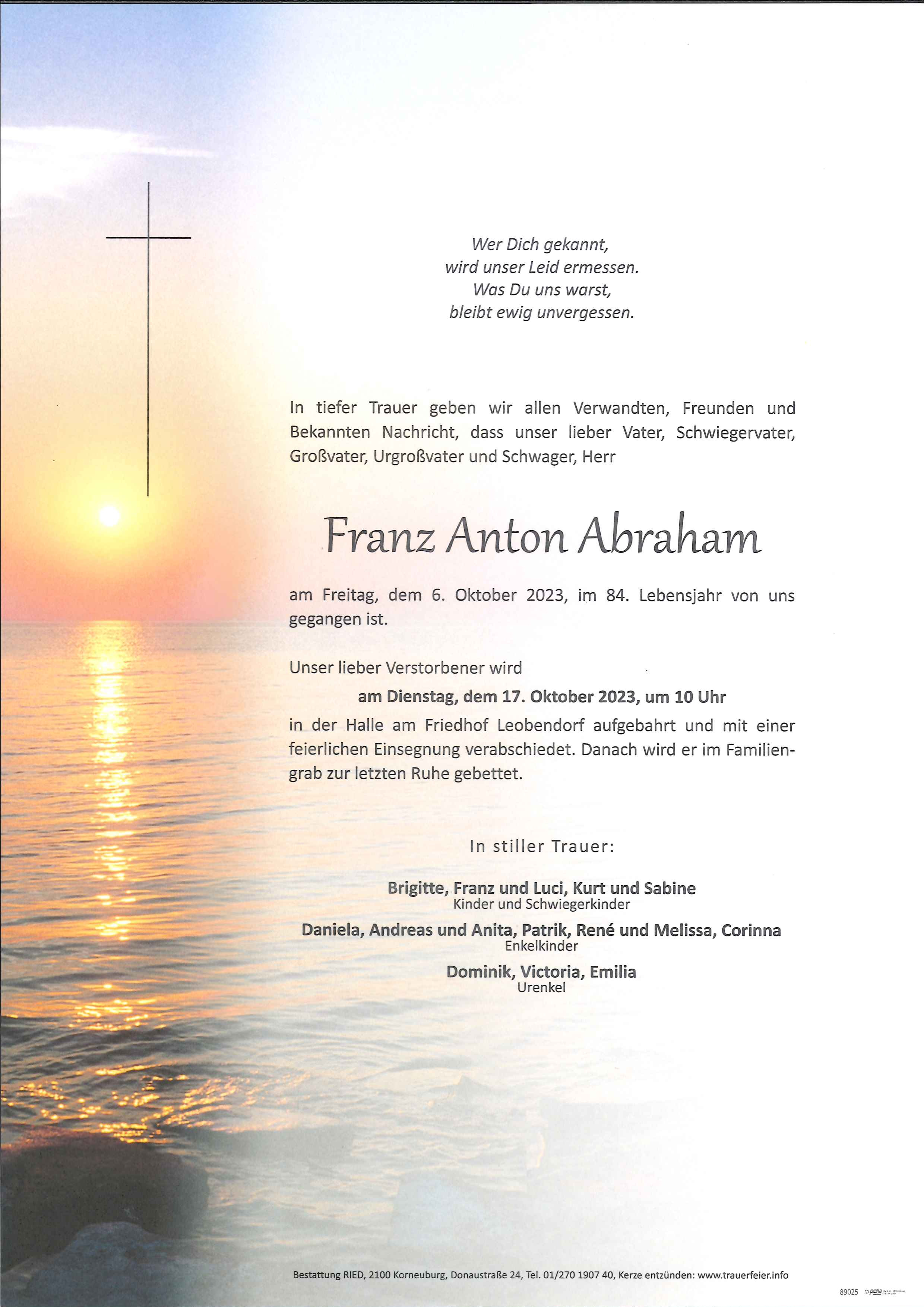 Traueranzeige von Franz Anton Abraham