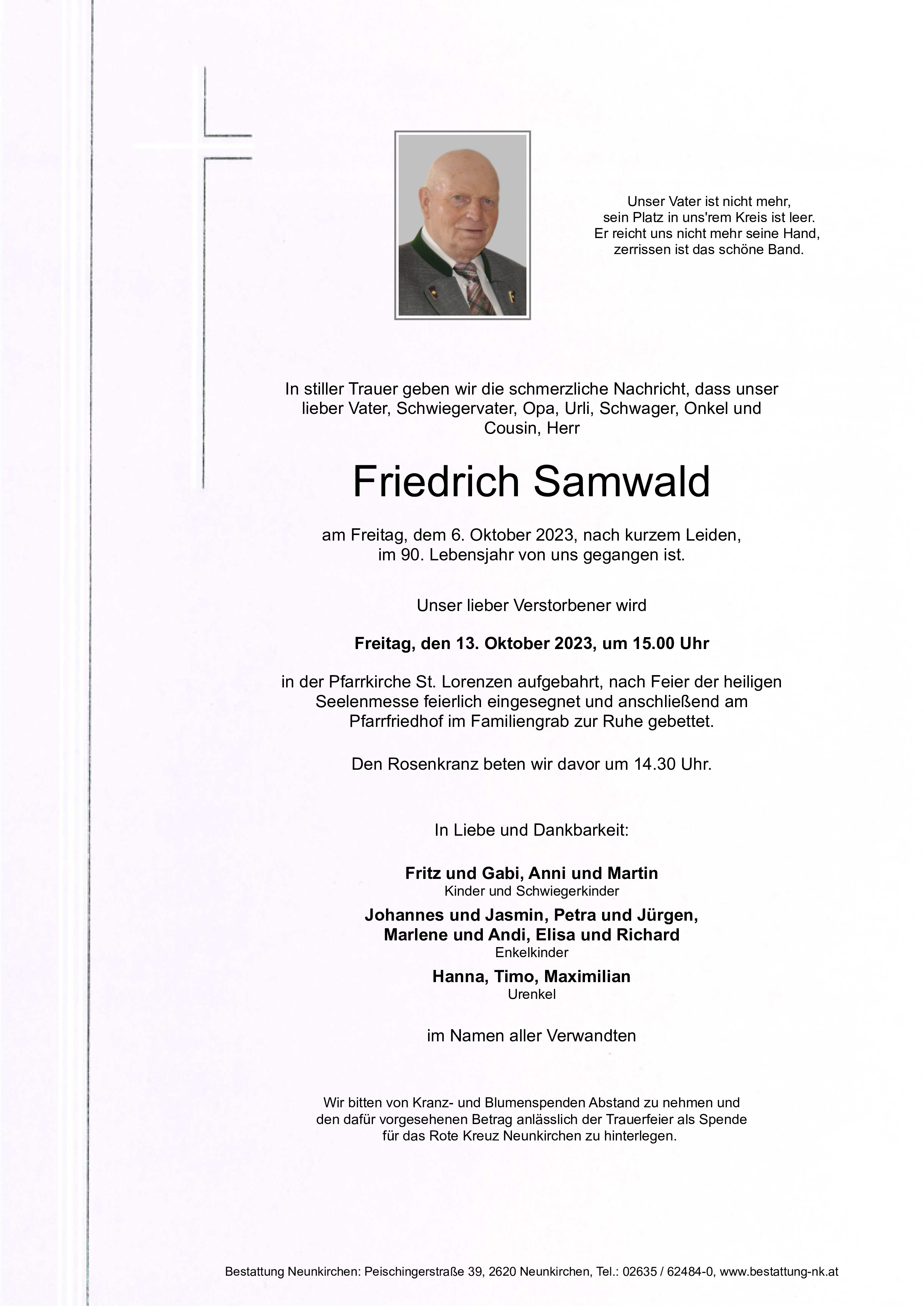 Traueranzeige von Friedrich Samwald