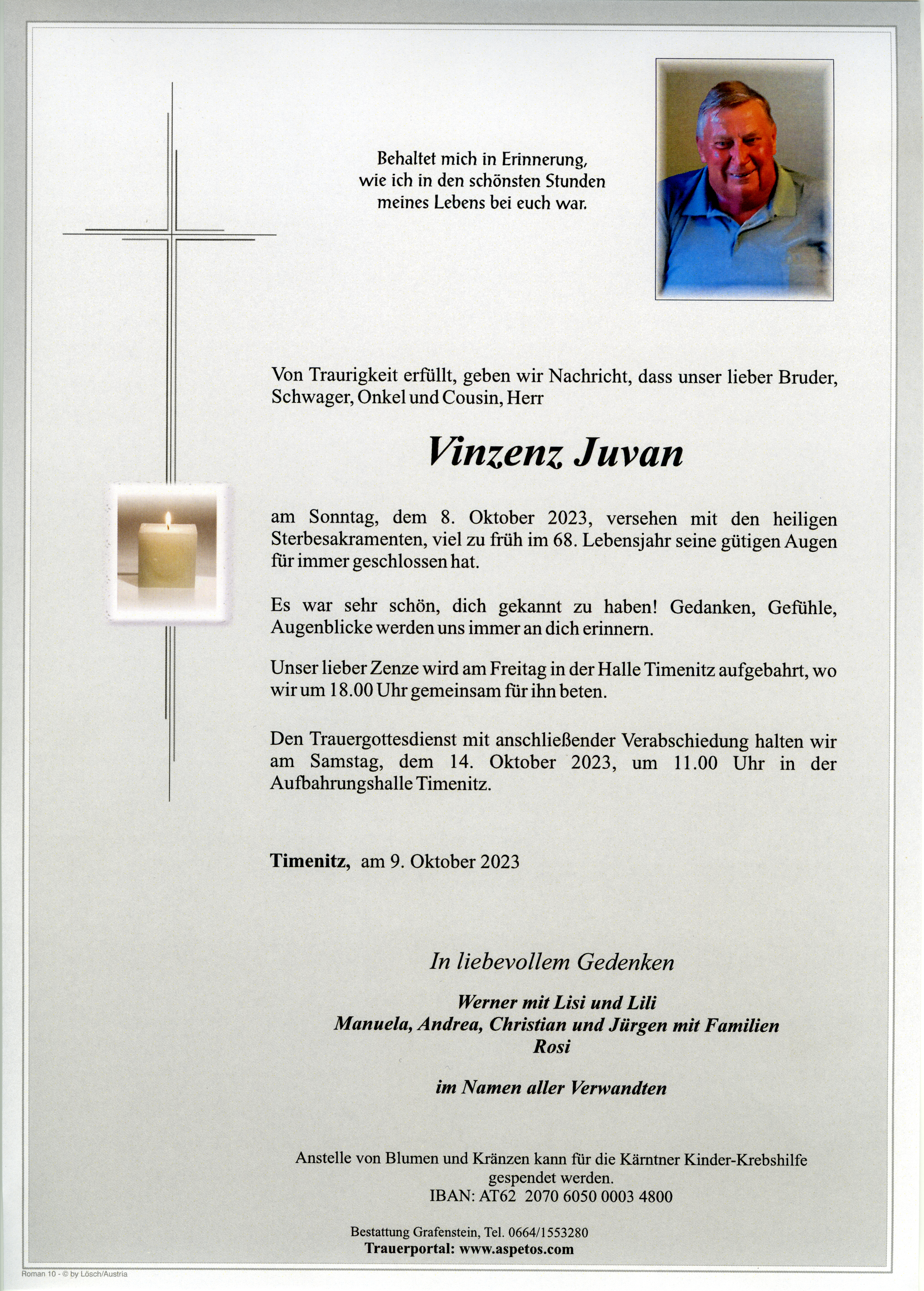 Traueranzeige von Vinzenz Juvan