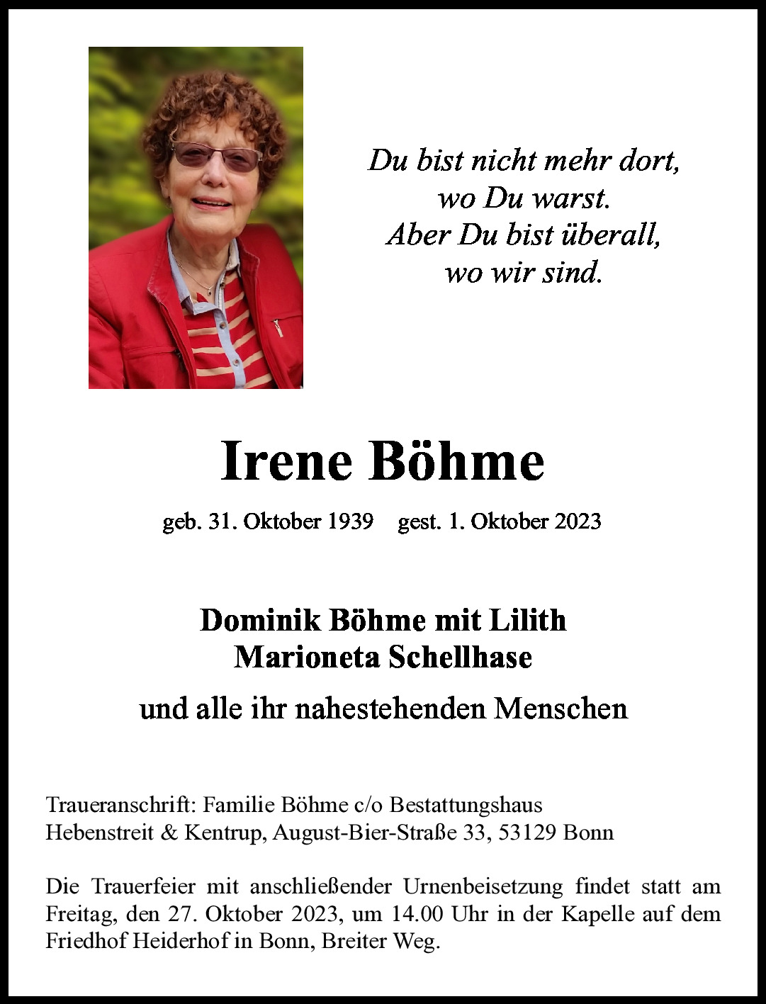 Traueranzeige von Irene Böhme