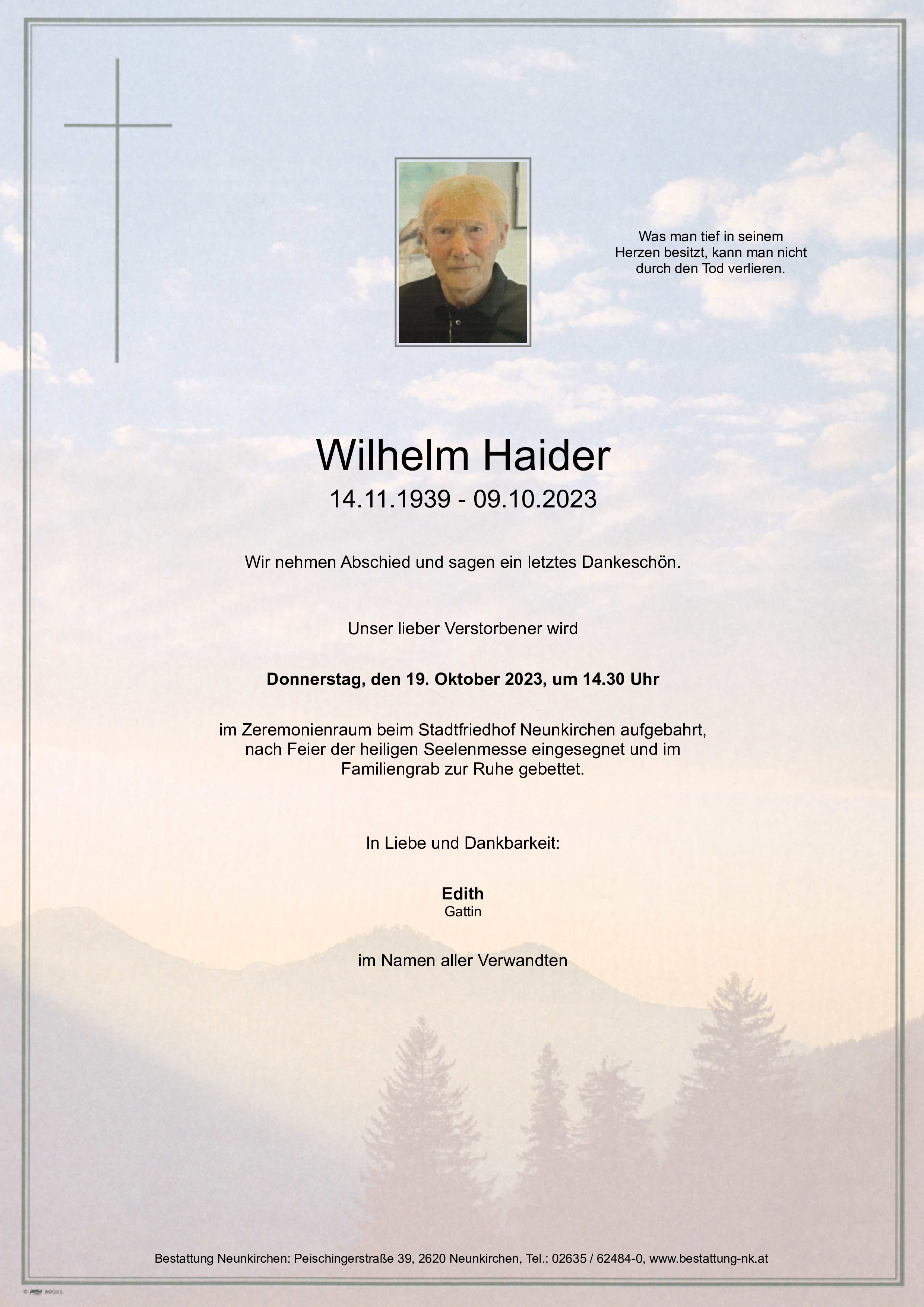 Traueranzeige von Wilhelm Haider
