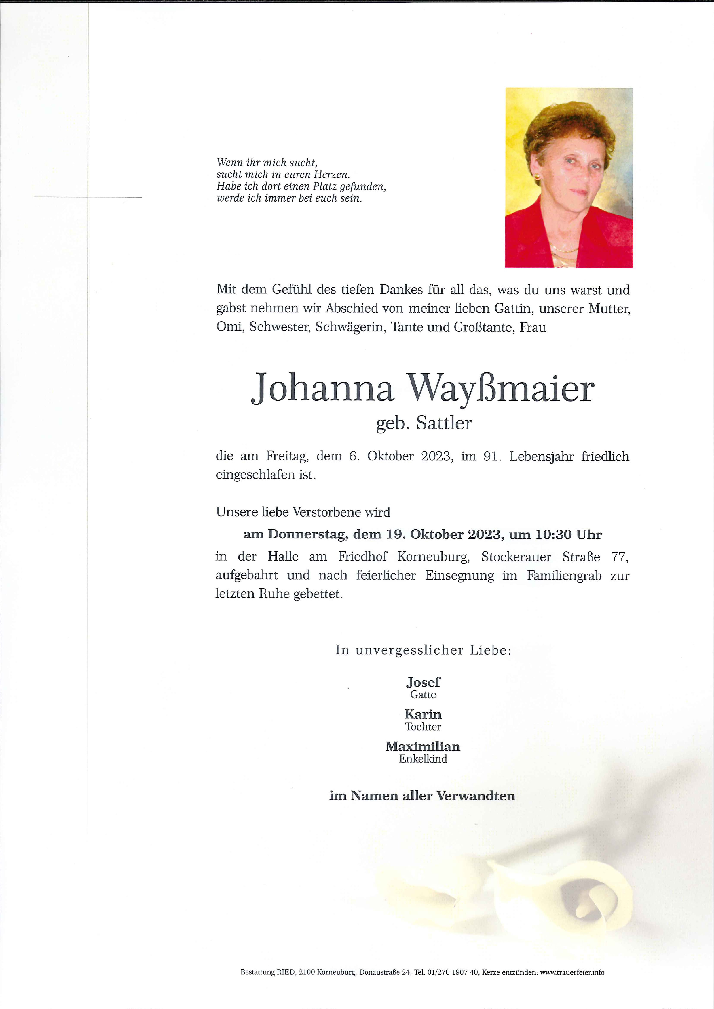 Traueranzeige von Johanna Wayßmaier