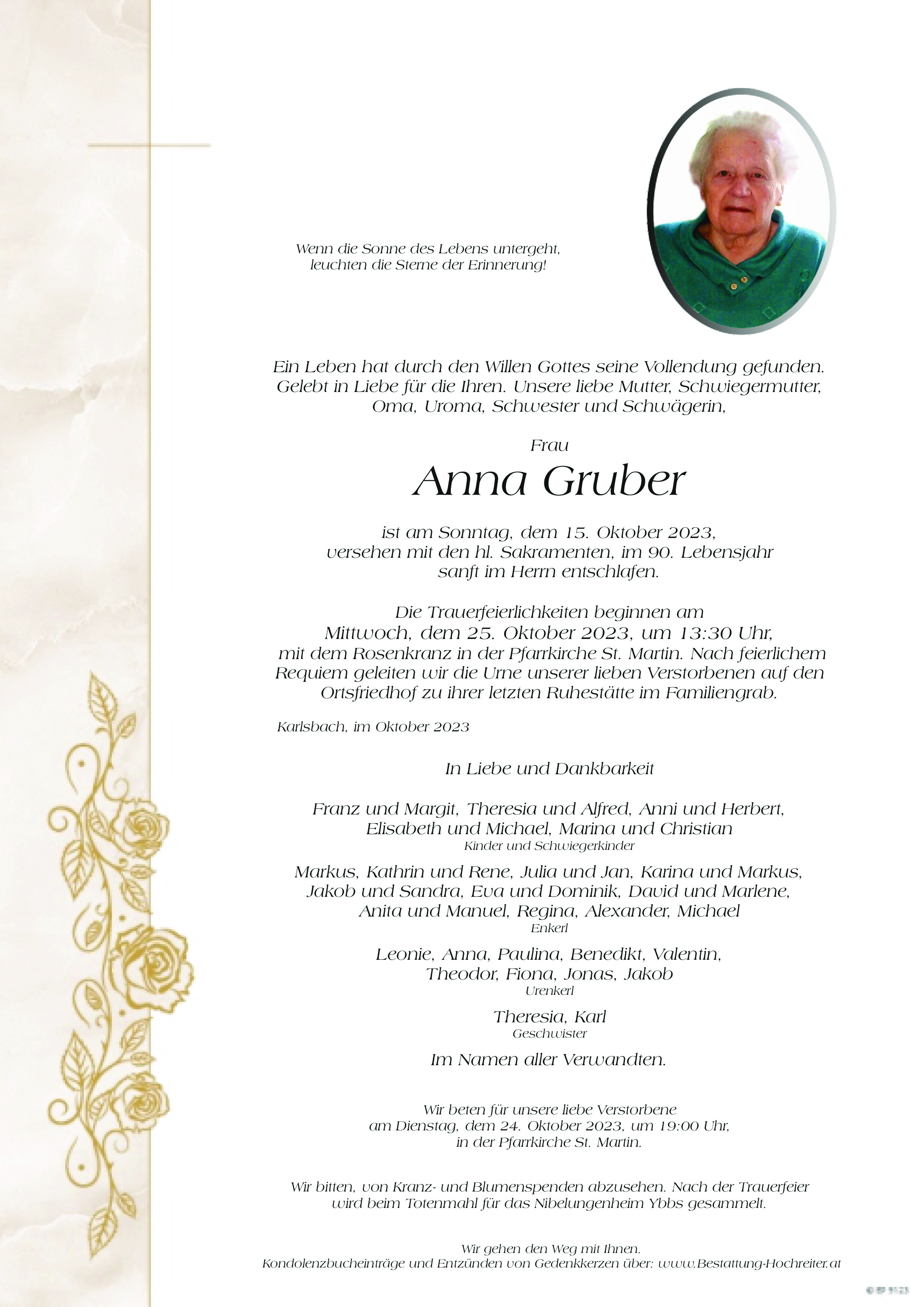 Traueranzeige von Anna Gruber