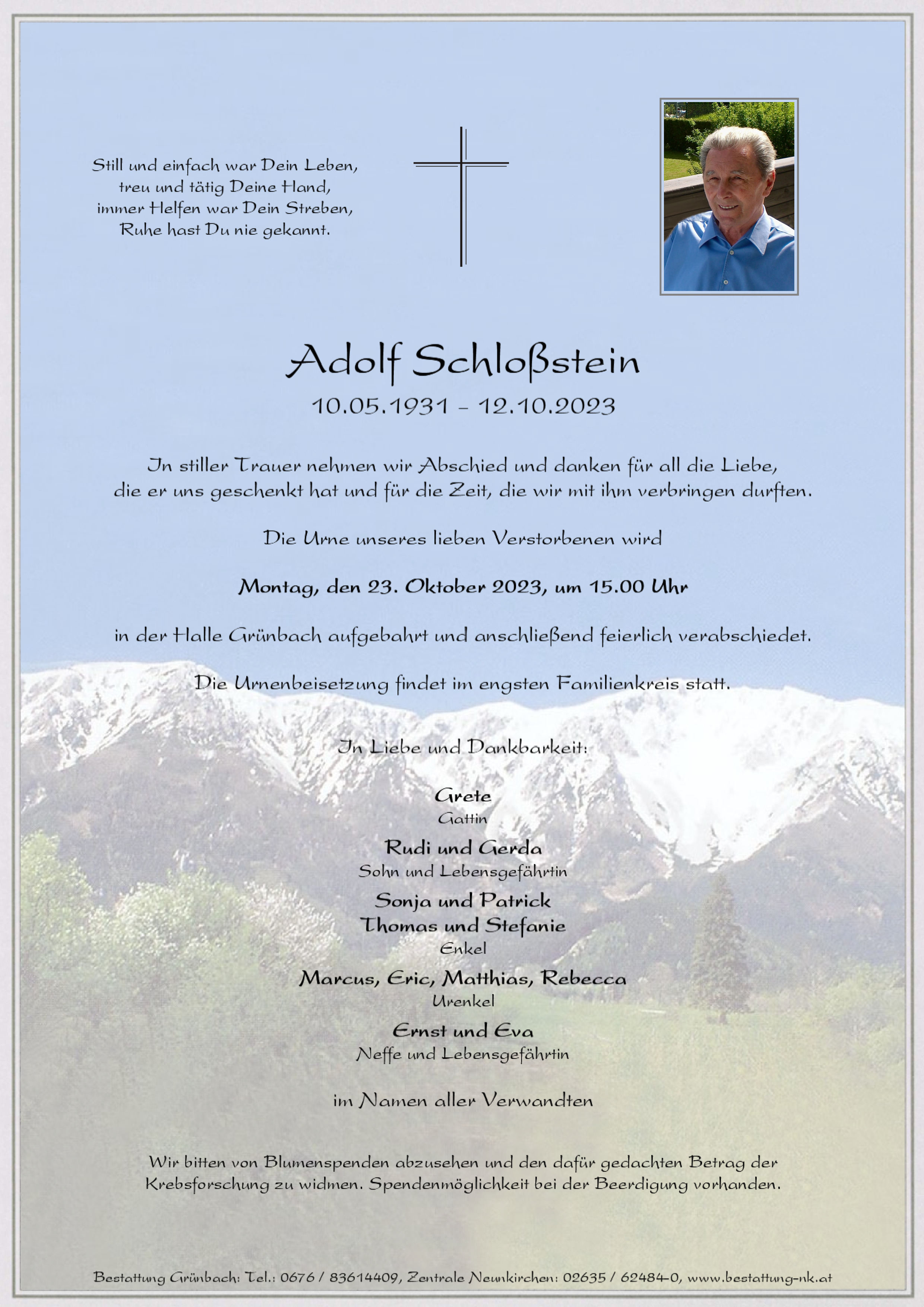 Traueranzeige von Adolf Schloßstein