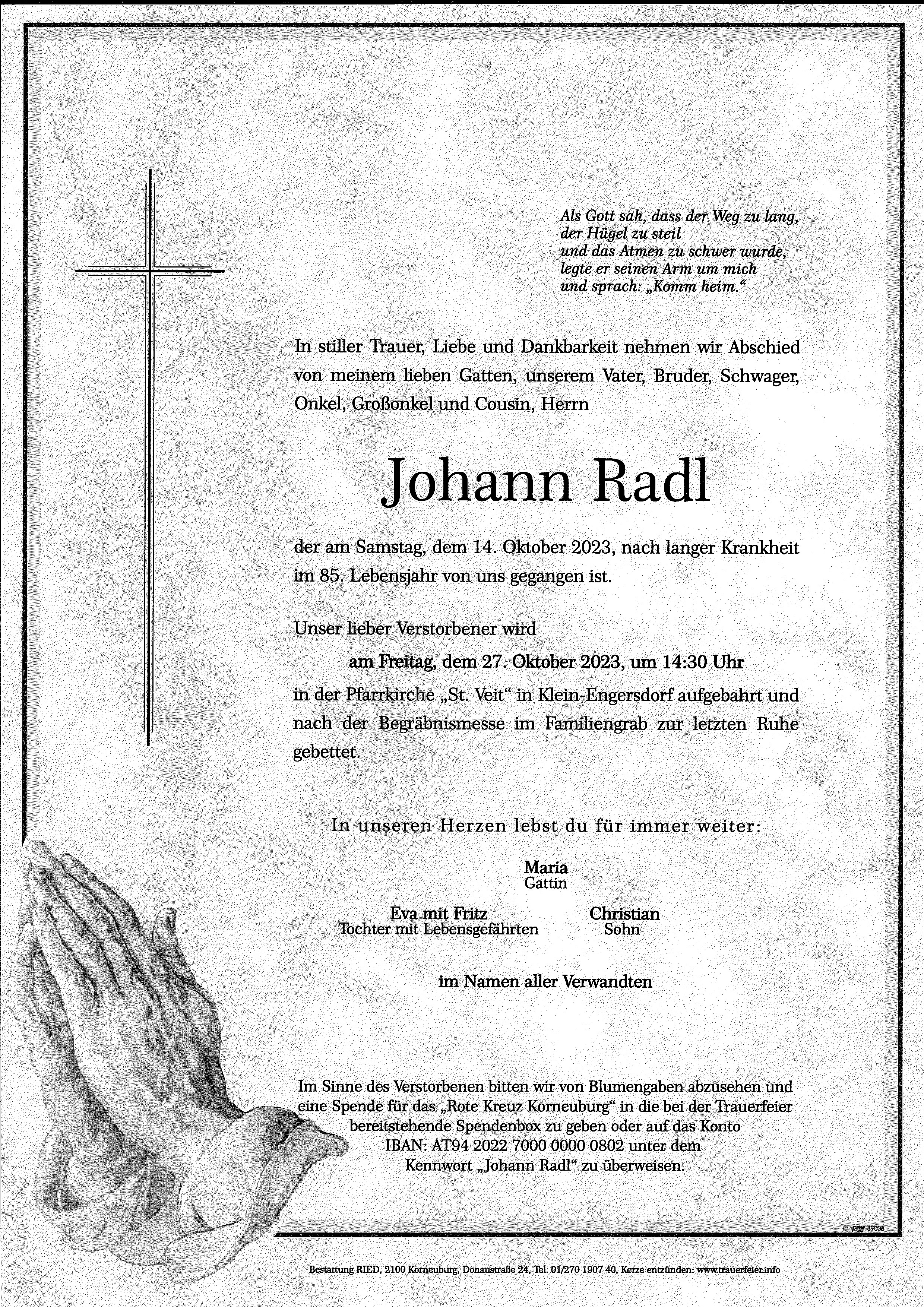 Traueranzeige von Johann Radl