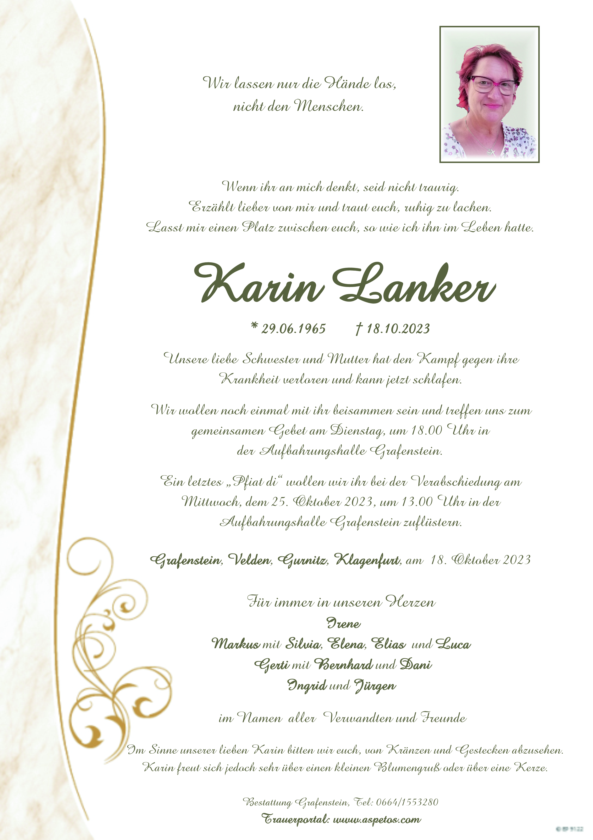 Traueranzeige von Karin Lanker