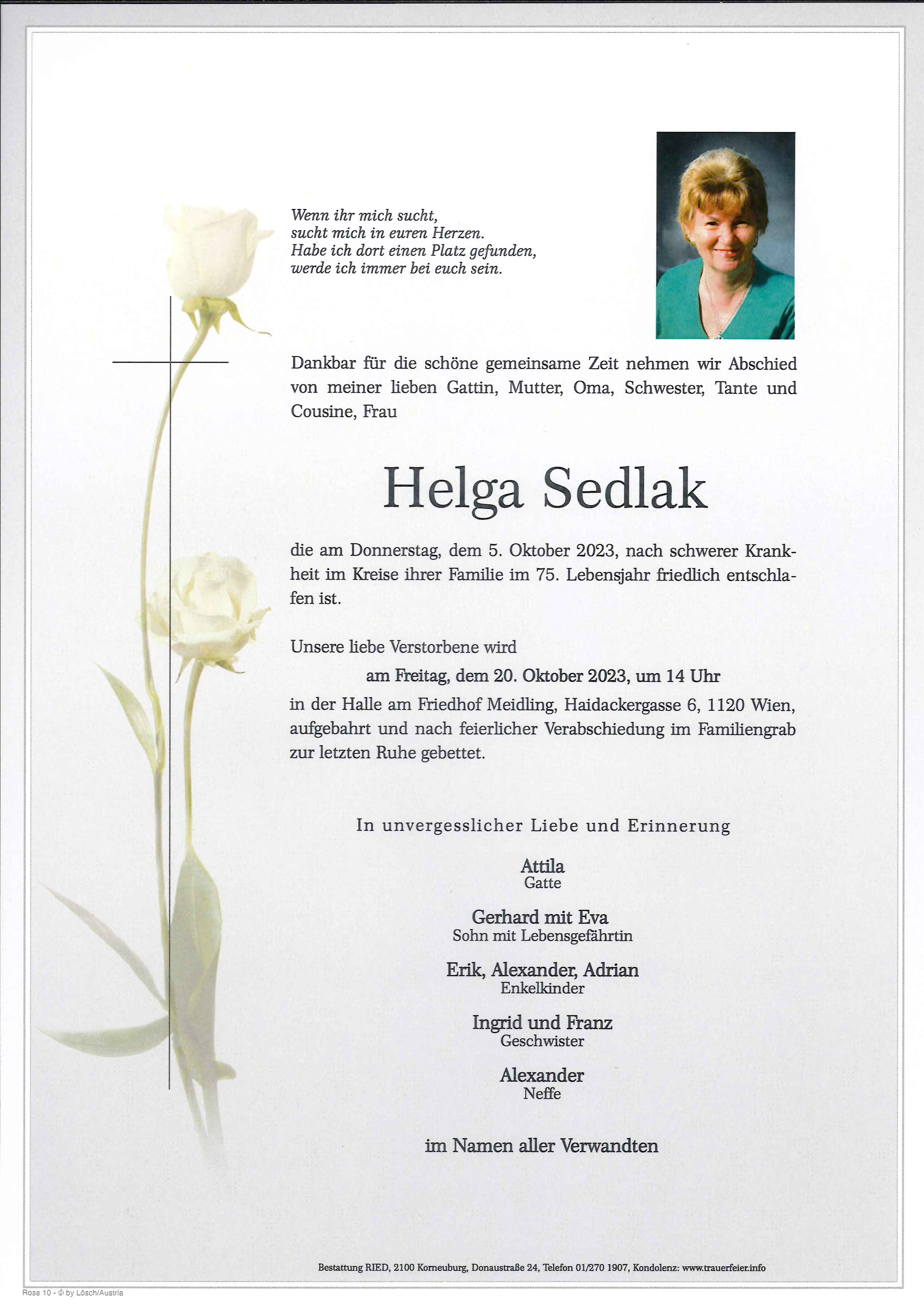 Traueranzeige von Helga Sedlak