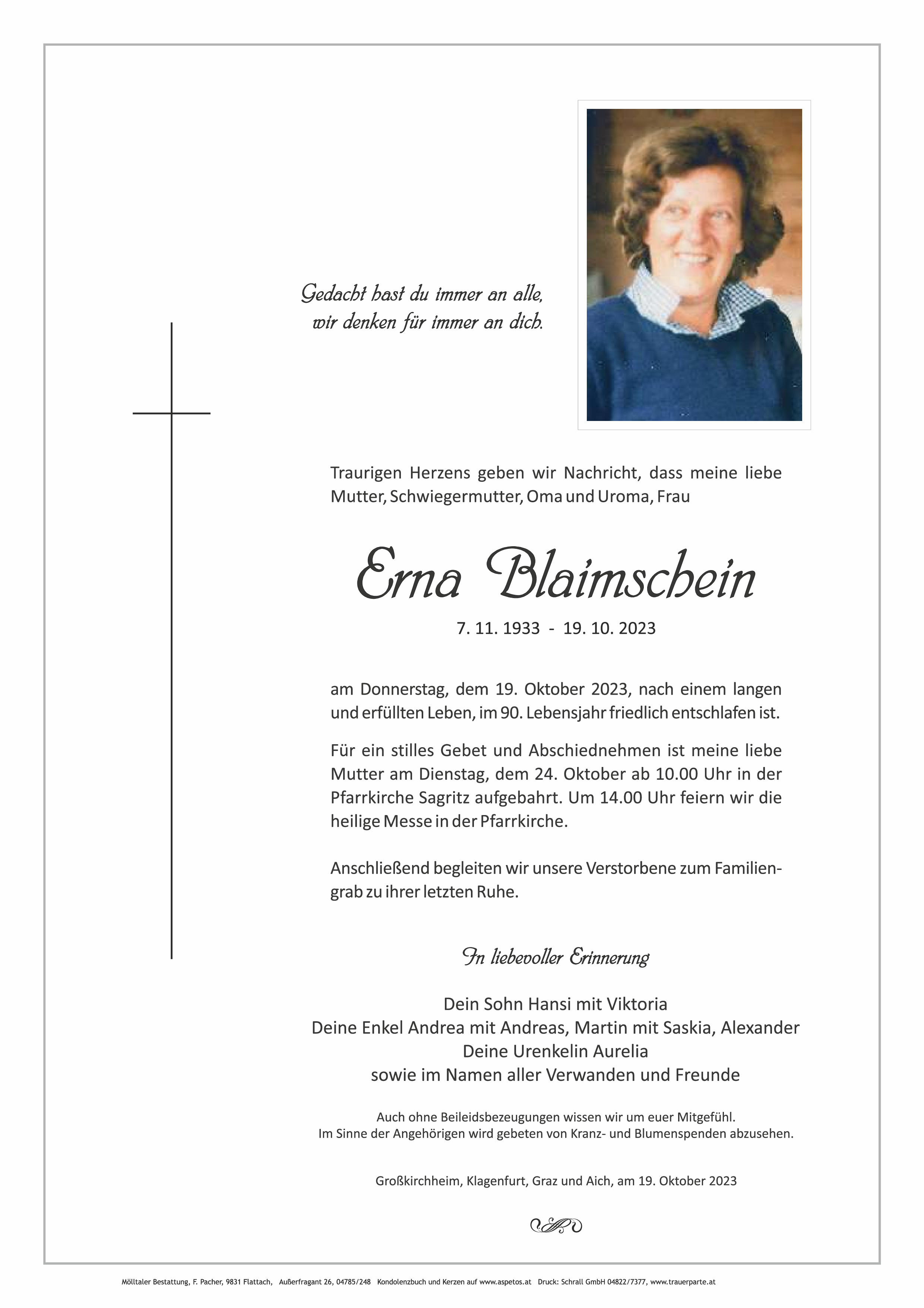 Traueranzeige von Erna Blaimschein