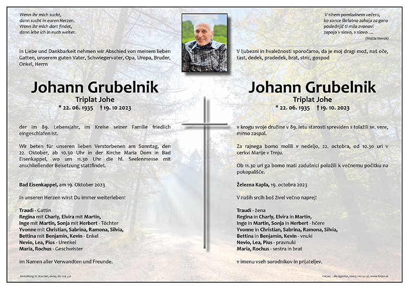 Traueranzeige von Johann Grubelnik